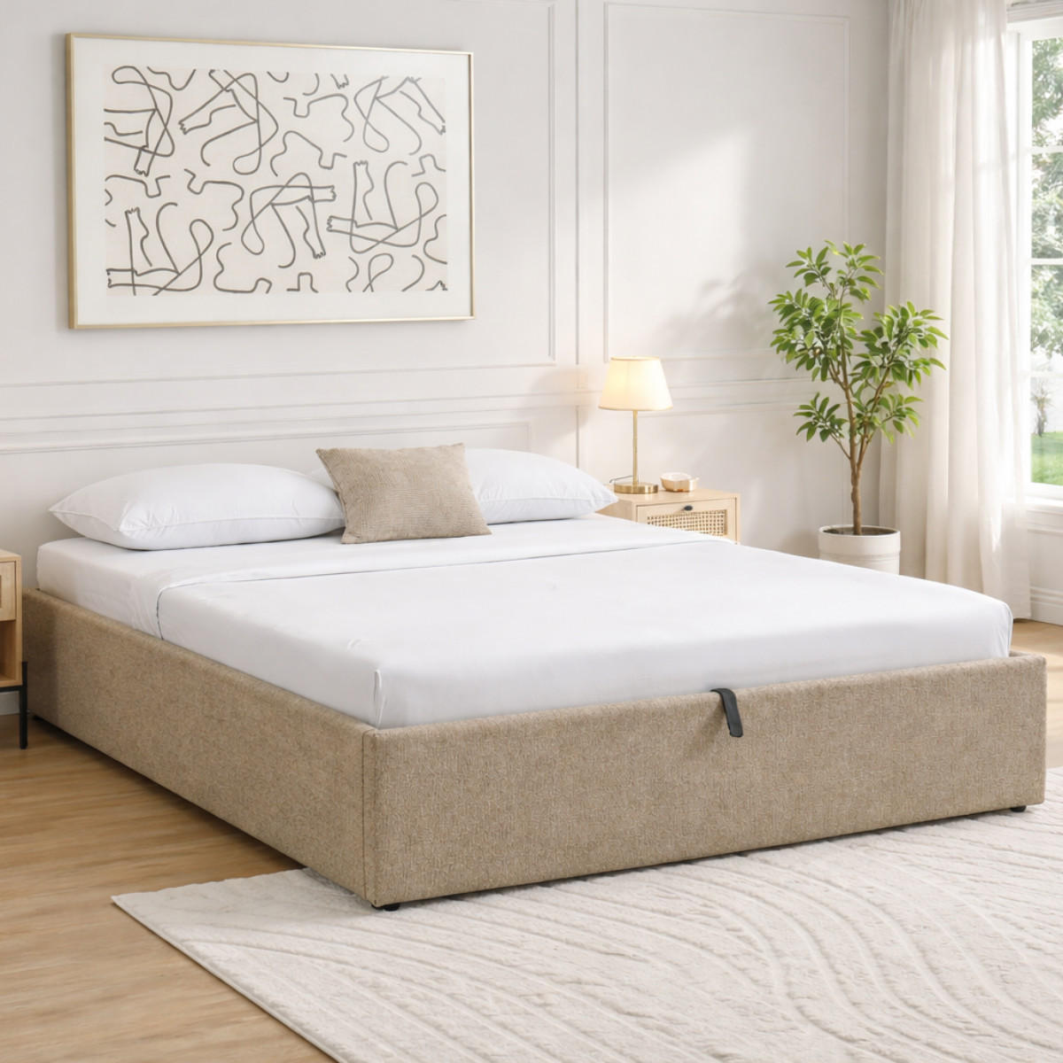 BETT mit Bettkasten 160 x 200 cm aus meliertem Stoff 170/36,50/214 cm - Braun, Holz (200/160cm) - Calicosy