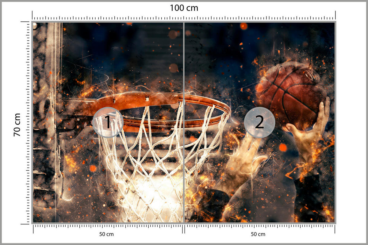 FOTOTAPETE für Jugendzimmer Aquarell Basketball Dunk Sport 100x70 - Beige/Schwarz, Papier (100/70cm) - Muralo