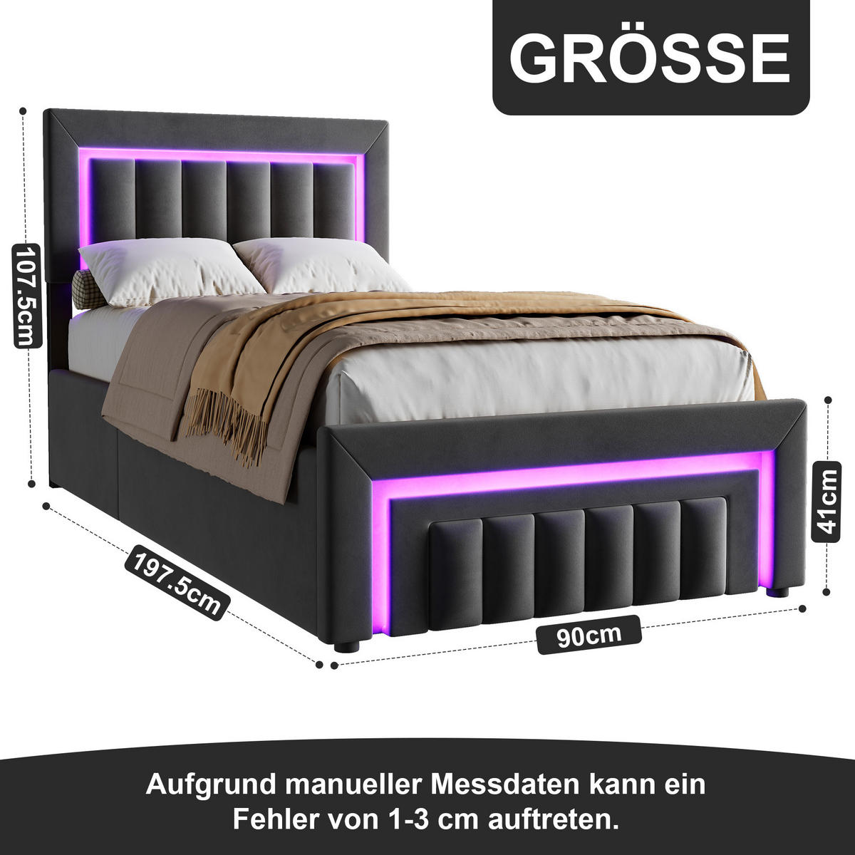 POLSTERBETT 90/190 mit Bettkasten und Schubladen , mit LED, ohne Matratze - Grau, Holzwerkstoff/Textil (90/190cm) - STILVORA