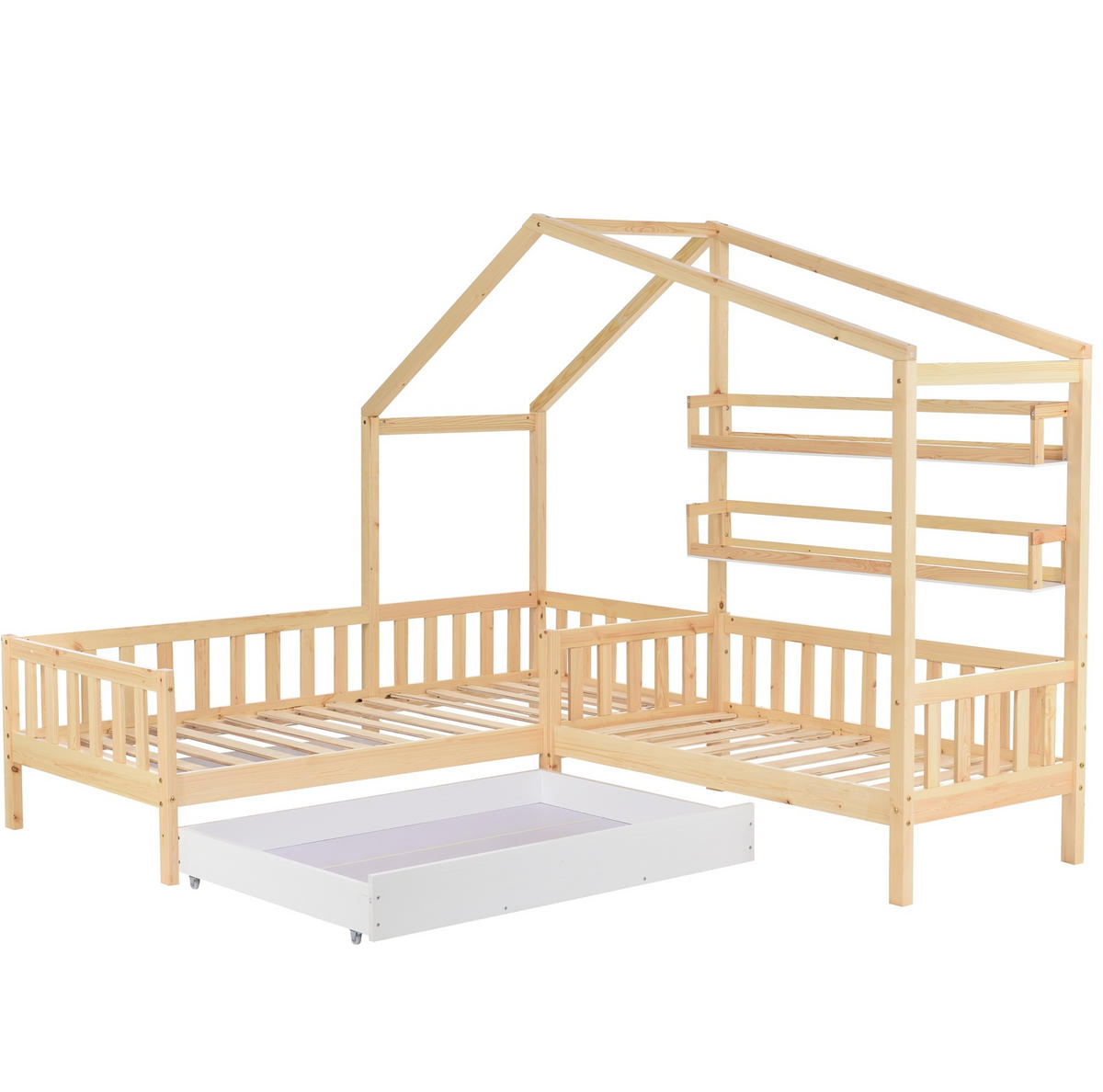 HAUSBETT 90/200 cm mit Seitenliege 140/70 cm, Schublade und Regalen, Natur - Naturfarben, Holz (90/200cm) - Flora Grace
