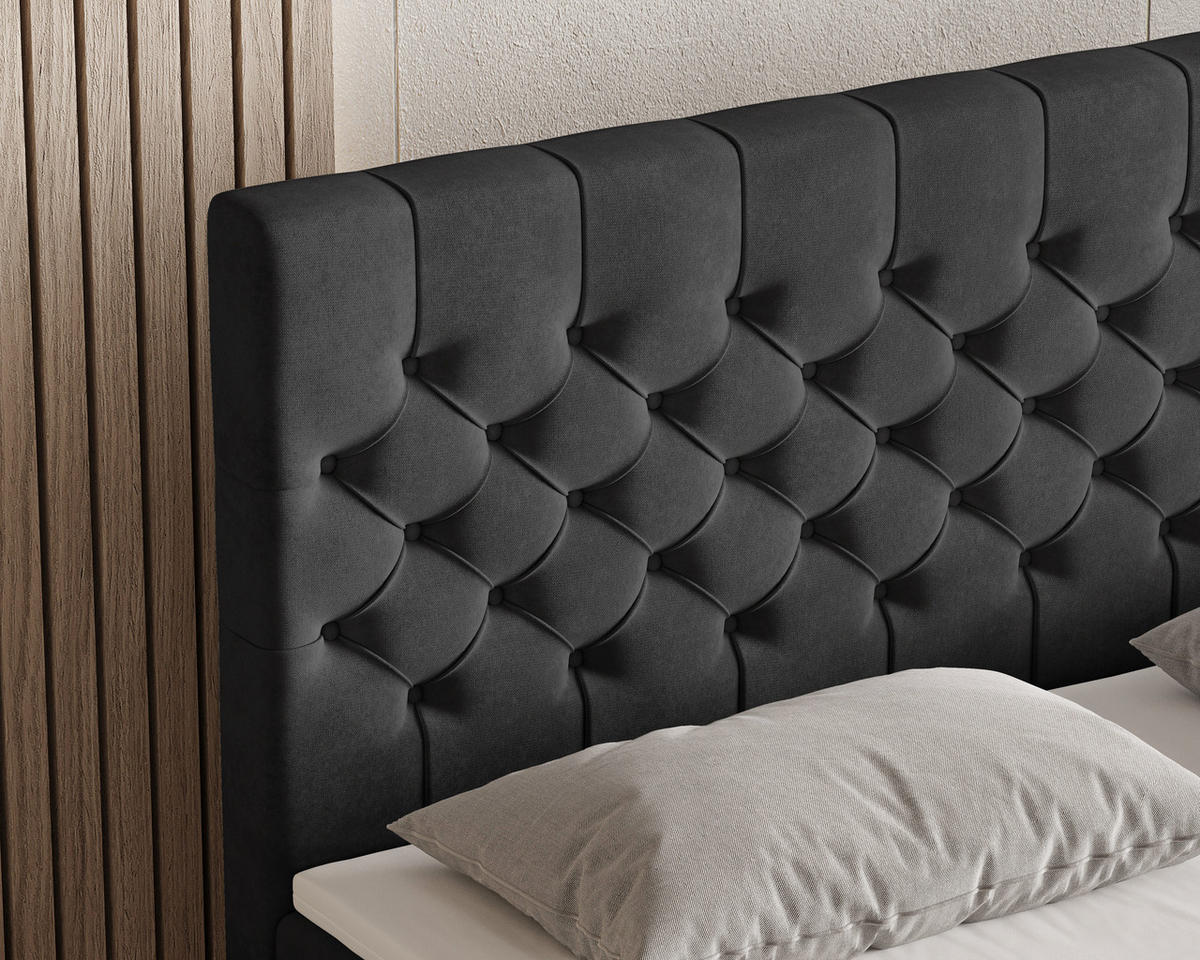 BOXBETT 12 140 x 200 cm - Manila - Modernes Polsterbett mit Bettkasten inkl. PU-Schaum-Topper und Federmechanismus - Schwarz, Holz (140/200cm) - ROYAL24_MARKT