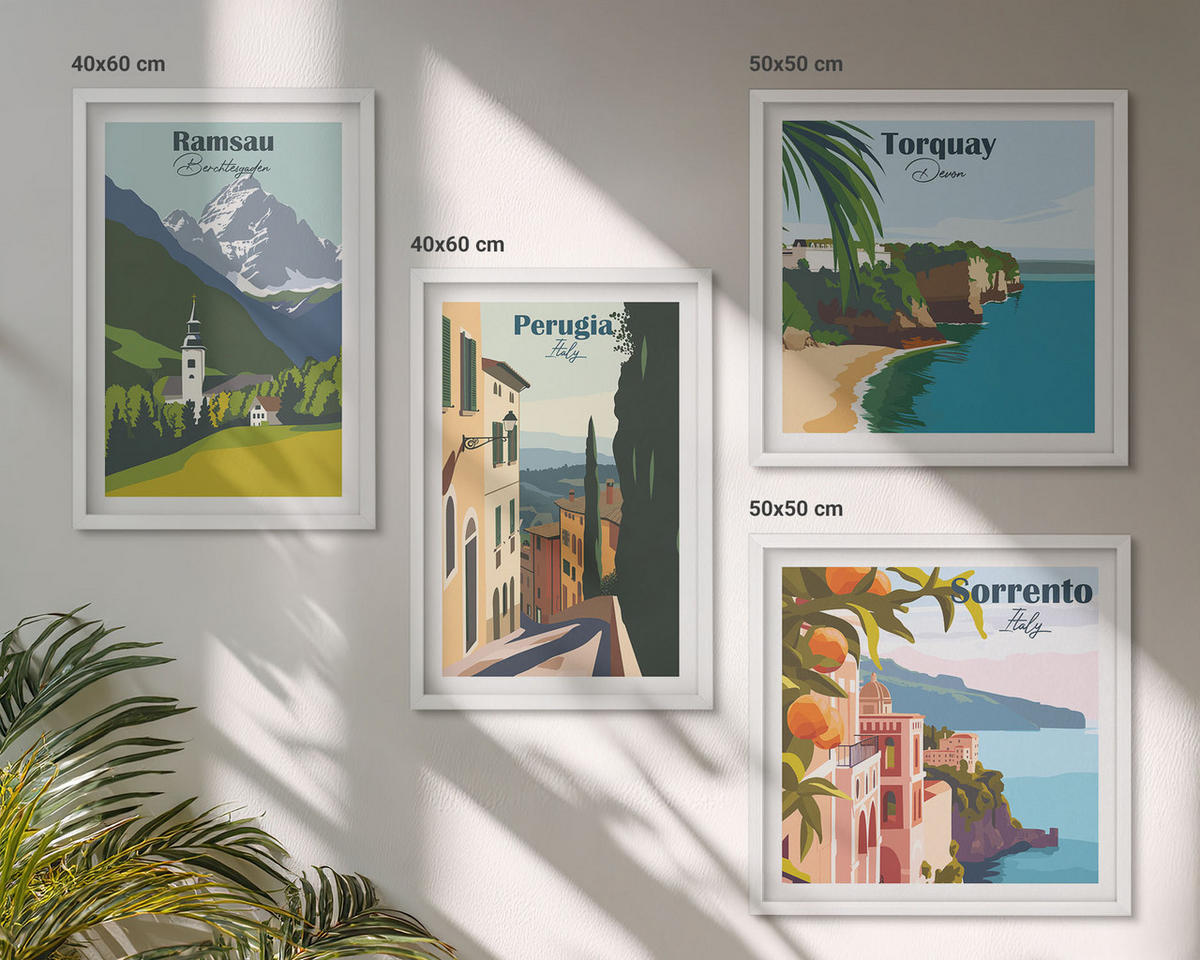 BILDER SET 4er Set - 50x50 cm & 40x60 cm Weißer Rahmen - Berglandschaften und Städte - Weiß, Kunststoff (50/50cm) - TULUP