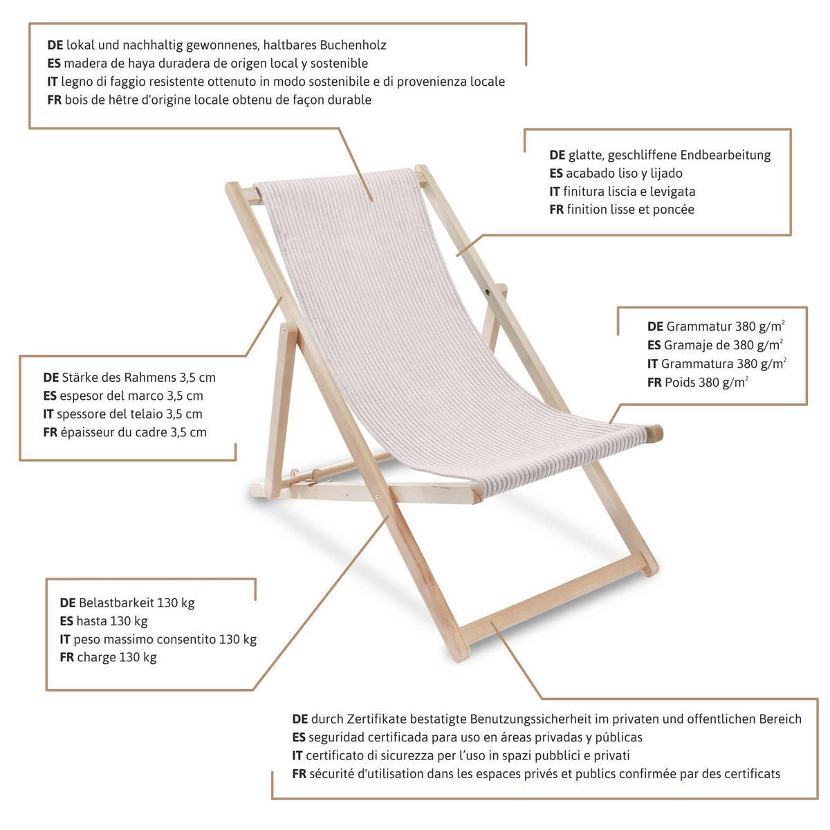 HOLZLIEGESTUHL klappbar Buchenholz Cord-Gewebe White Dove M - Weiß, Holz/Textil (54/85/92cm) - Dreamroots