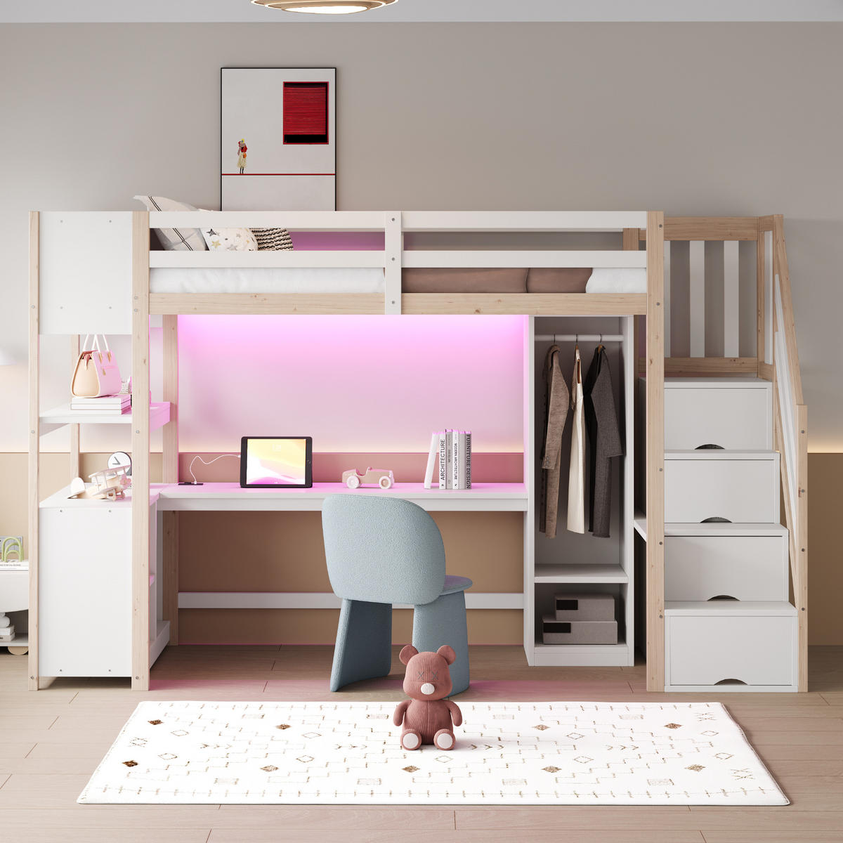 HOCHBETT 90/200 cm DE-01514, in Holzfarbe & Weiß, mit Kleiderschrank, Schreibtisch und LED-Lichtleiste - Naturfarben, Holz (90/200cm) - ComfortXL