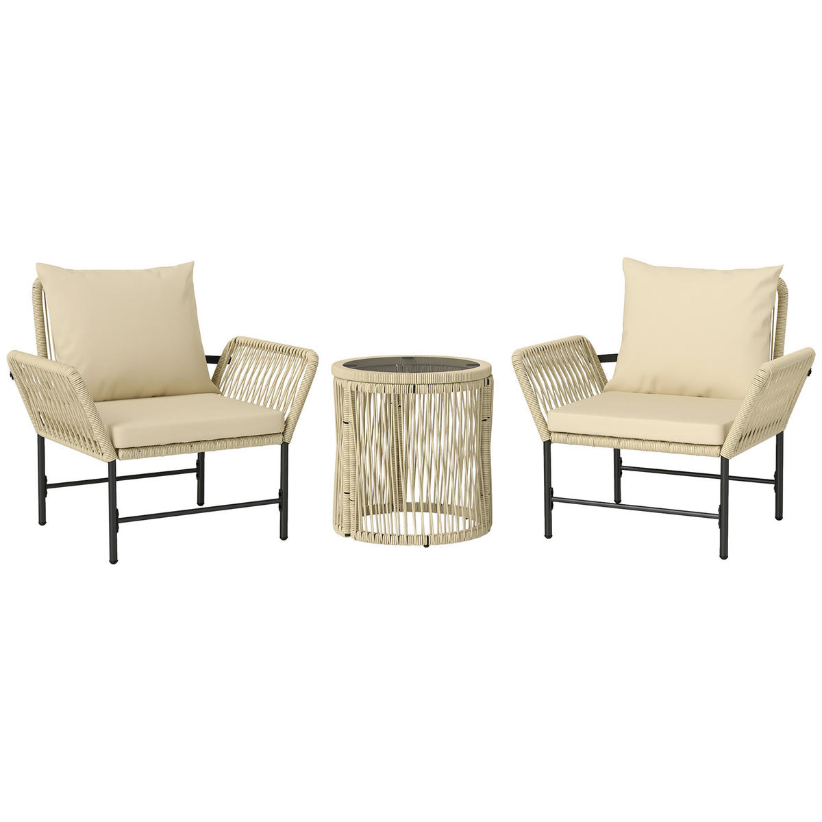 POLYRATTAN Gartenmöbel Set, Outdoor Lounge Balkonmöbel für 2 Personen Khaki - Beige/Schwarz, Textil/Metall - Outsunny