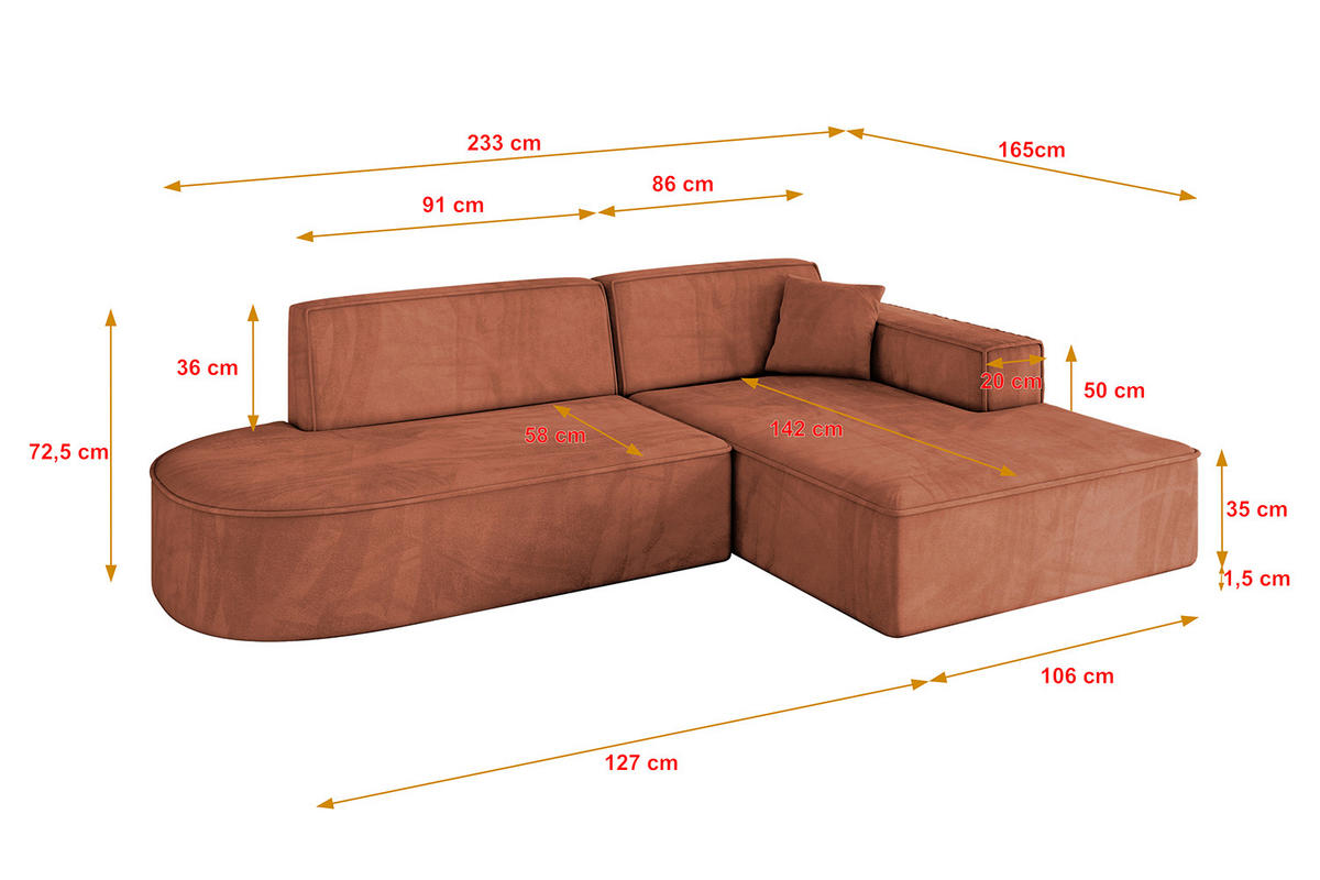 ECKSOFA Ottomane Rechts IREA-L1-v4 - 233x165x72,5 cm Apricot - Koralle, Holzwerkstoff/Textil (233/165cm) - ALTDECOR