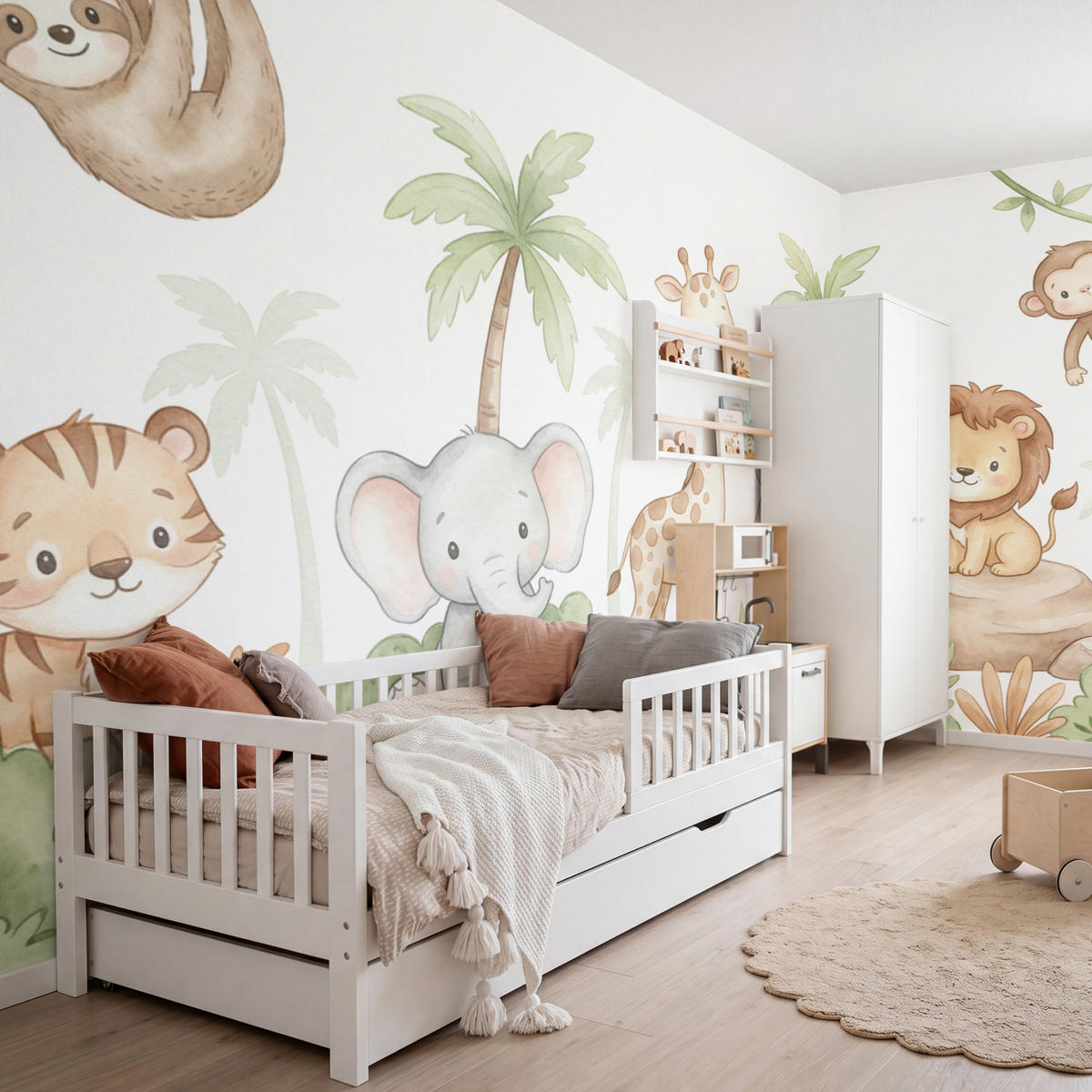 KINDERTAPETE - Tiere - Dschungel - Pastell - 500x280 cm - Weiß, Papier (500/280cm) - OnlyWow
