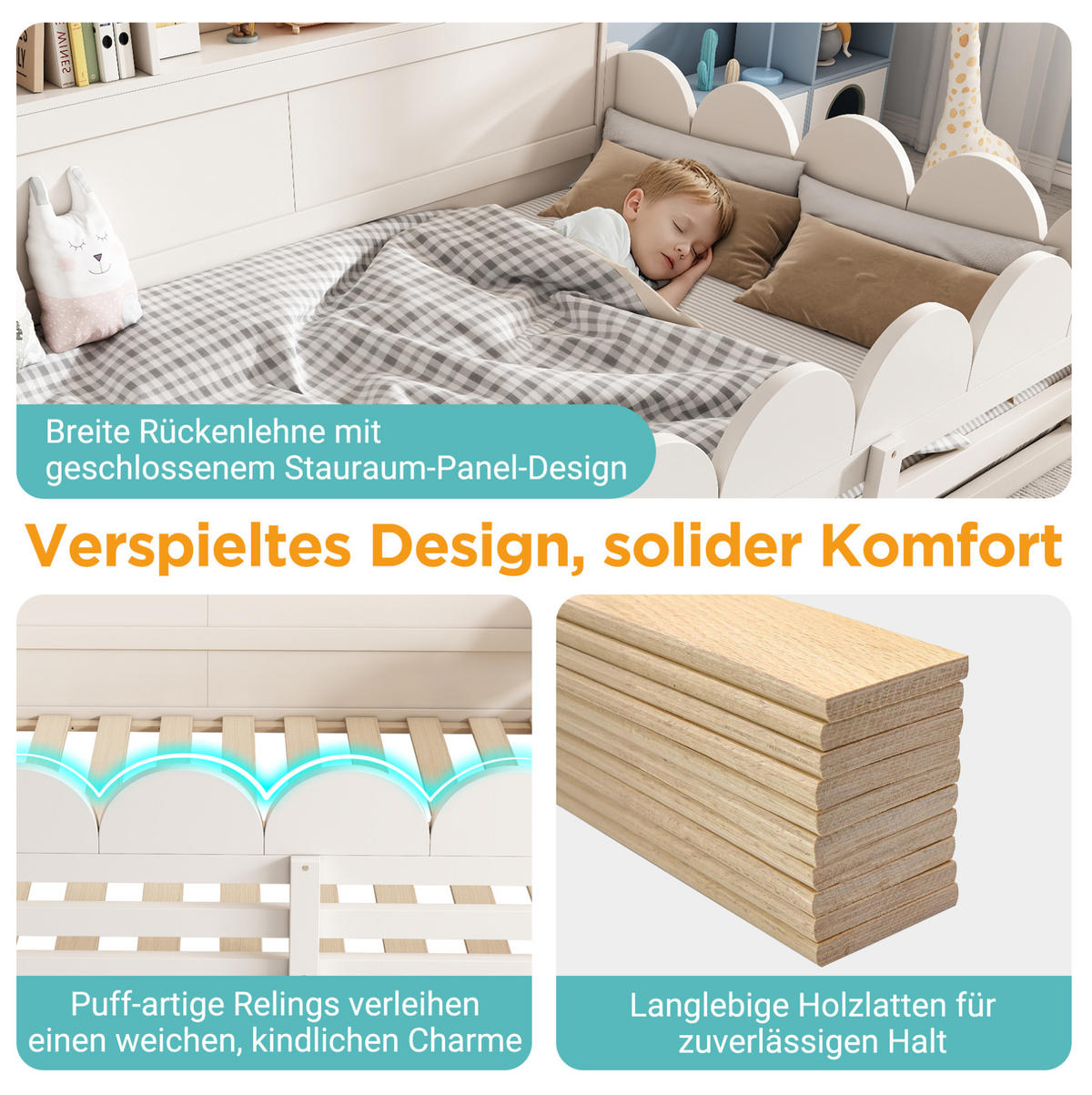KINDERBODENBETT 140/190 cm aus Holz mit Tür Rausfallschutz und Regal Weiß - Weiß, Holz (90/200cm) - Modenvie
