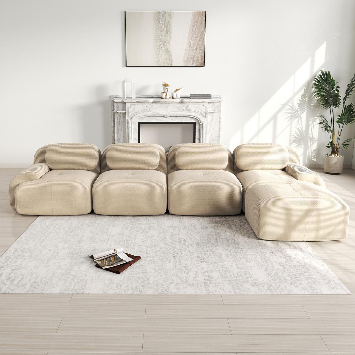 ECKSOFA in Beige aus Cord mit 32D-Schaum und rutschfester Unterseite - Beige, Textil (178/388cm) - Flora Grace