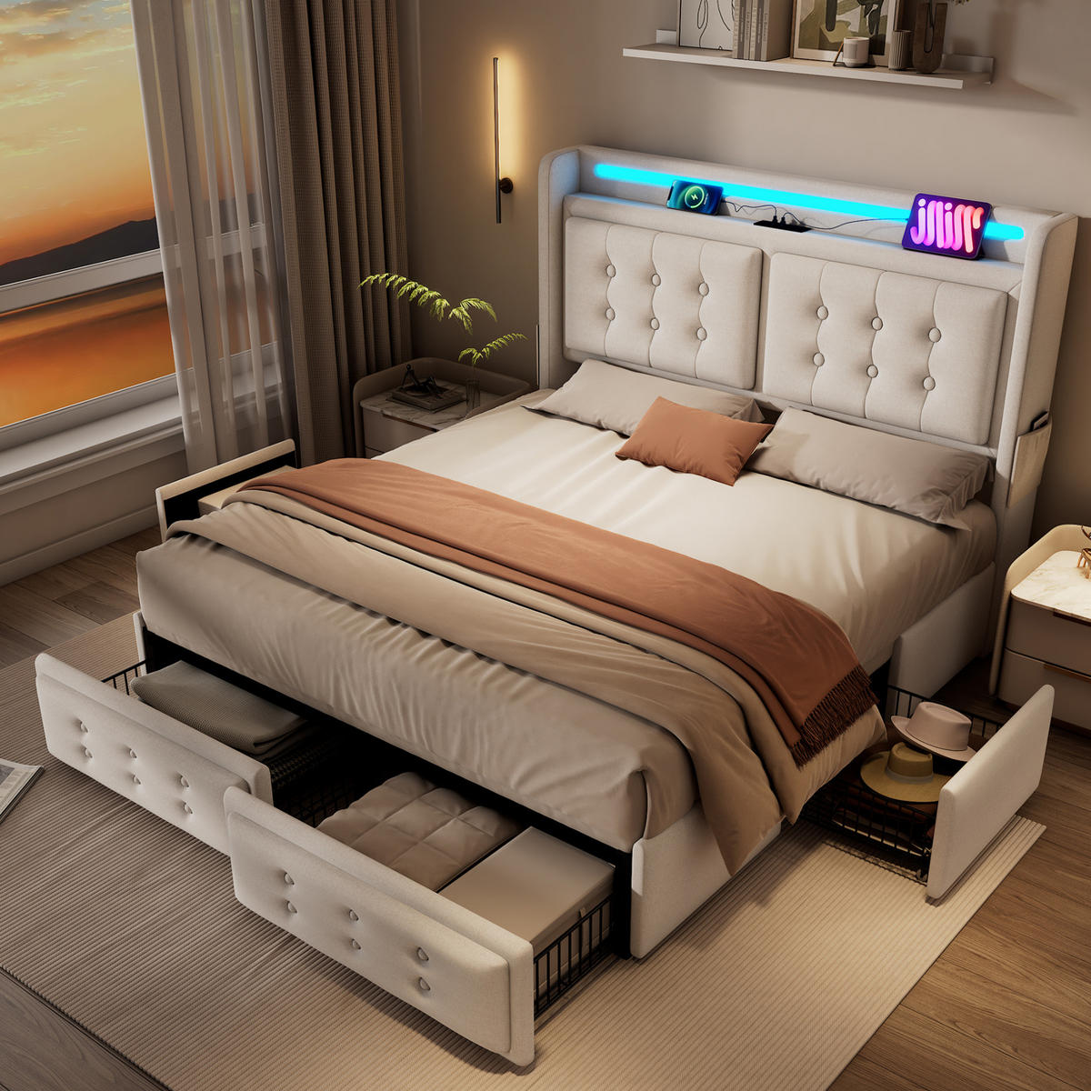 ČALÚNENÁ posteľ 168/220/106 cm béžová, s LED osvetlením, USB-C a úložnými zásuvkami - béžová, textil (160/200cm) - BEAOK