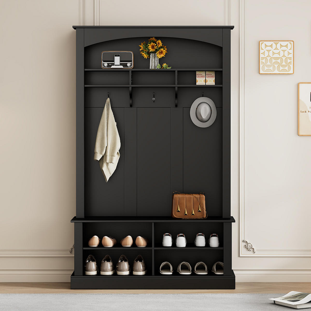 STANDGARDEROBE mit Sitzbank, 3 Haken und Schuhablage, Schwarz, 120/40/190 cm - Schwarz, Holzwerkstoff (120/190/40cm) - BEAOK