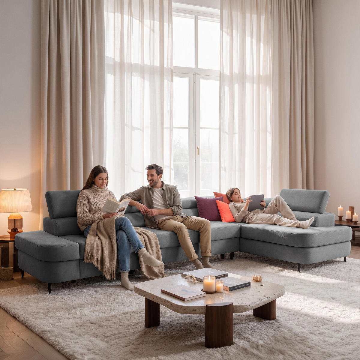ECKSOFA PRIAM MAXI L-Form Rechts mit Schlaffunktion 125x195 Velours Grau - Schwarz/Grau, Holz/Textil (350/203cm) - Muffo