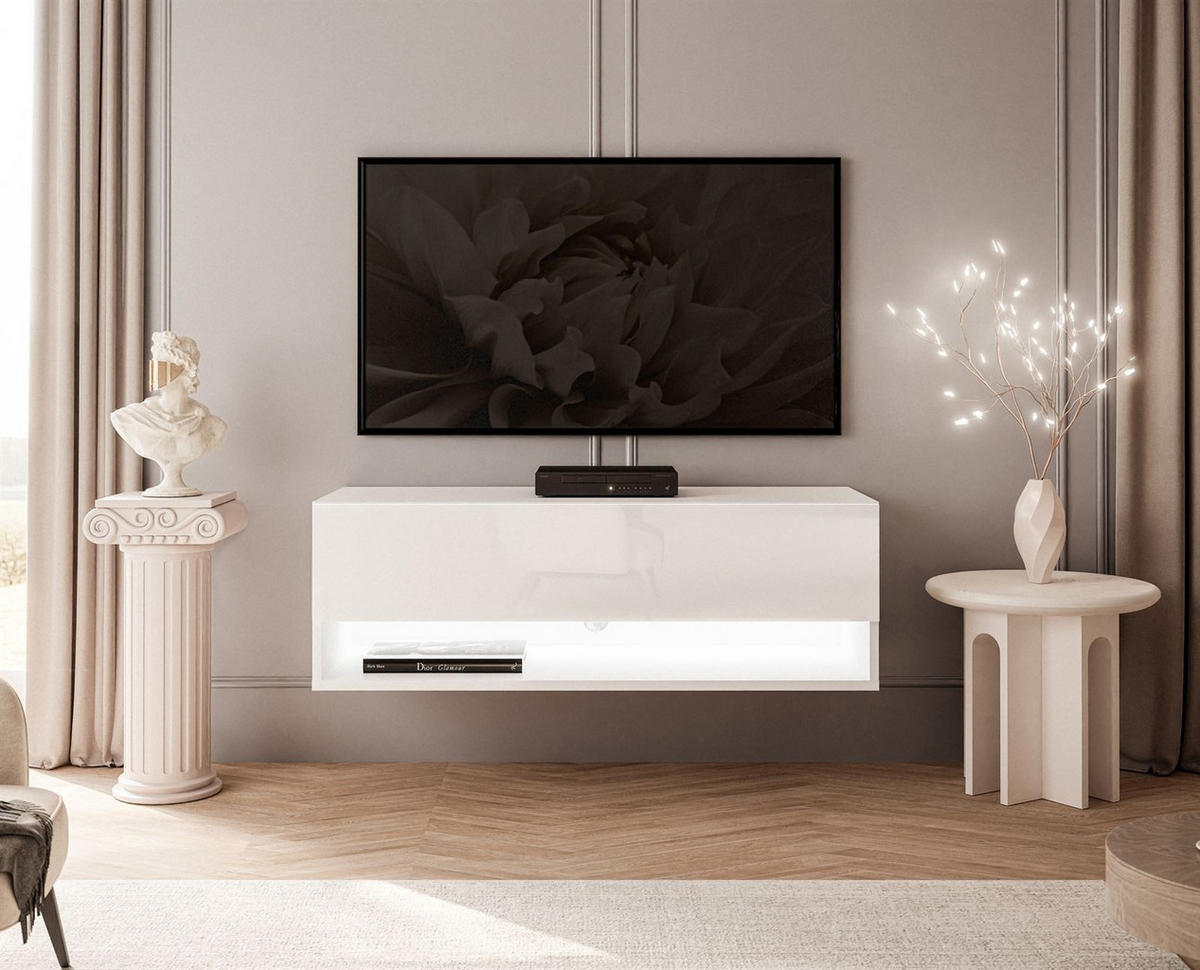 HÄNGESCHRANK TV-Möbel CALANTE 90 cm mit LED-Beleuchtung - Weiß Hochglanz, Holzwerkstoff (90/30/35cm) - Lookway