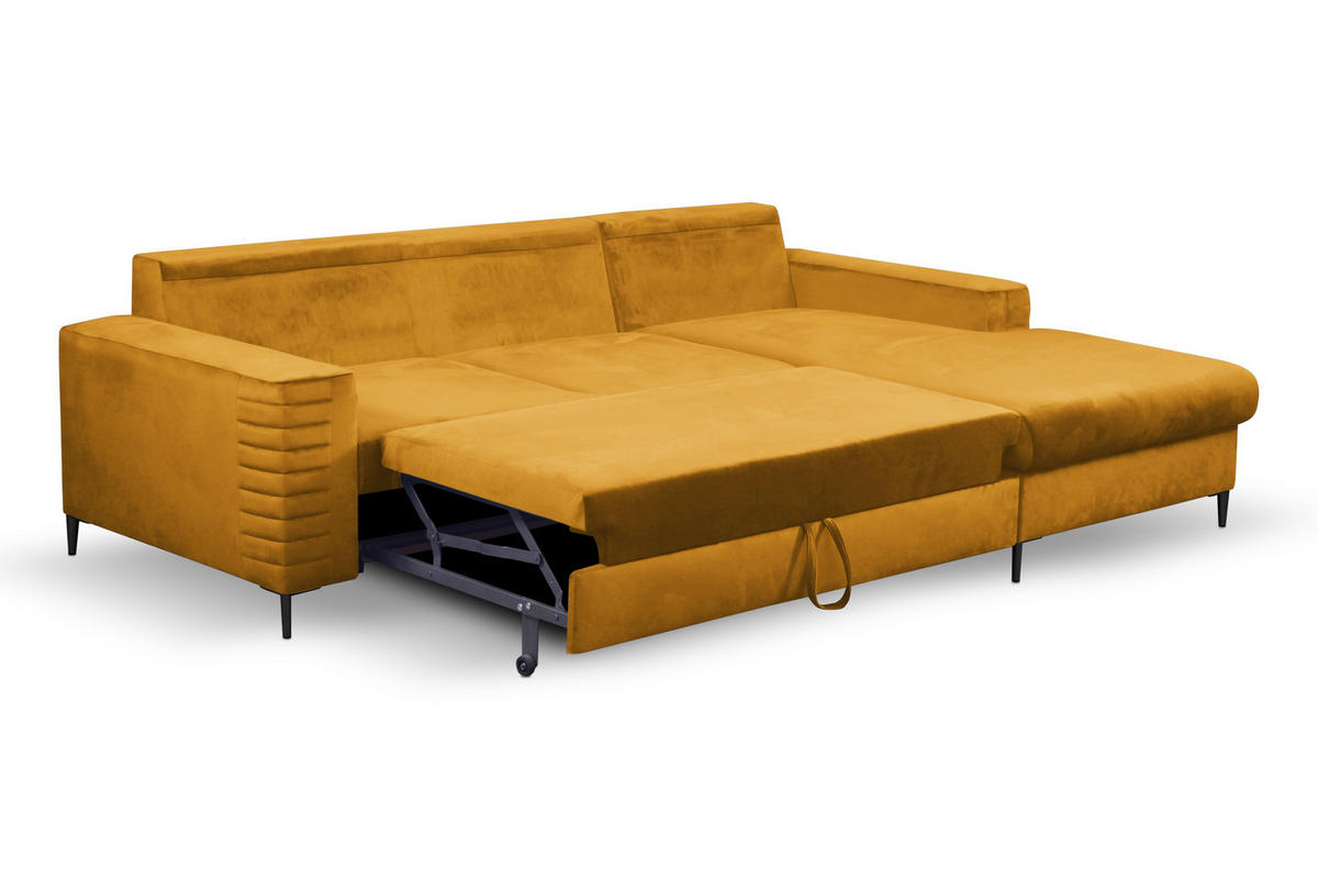 ECKSOFA GRIFO R-S Gelb Velours-Stoff mit Schlaffunktion - Gelb, Holz (253/165cm) - MASSENO