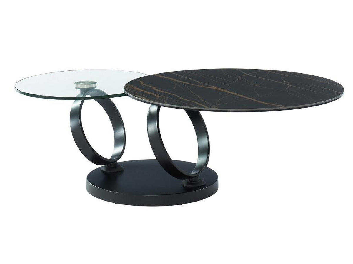 COUCHTISCH mit drehbaren Tischplatten - Keramik & Glas - Schwarz mit Marmor-Effekt - JOLINE - Schwarz, Stein (131.5/80/42cm) - Vente-Unique