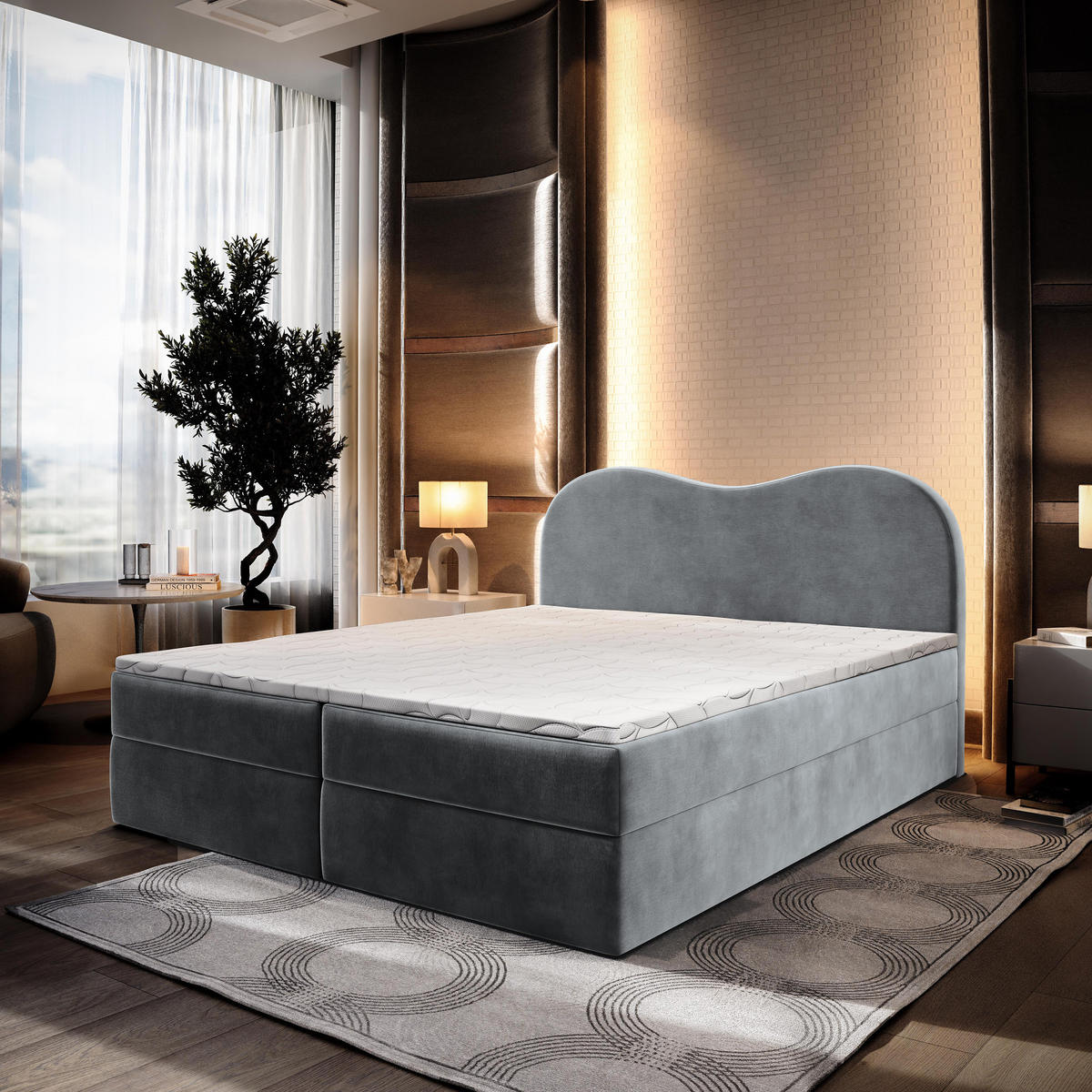 BOXBETT FLUVIA M 180x200 cm mit Matratze und Topper - Grau - Grau, Holz (180/200cm) - MASSENO