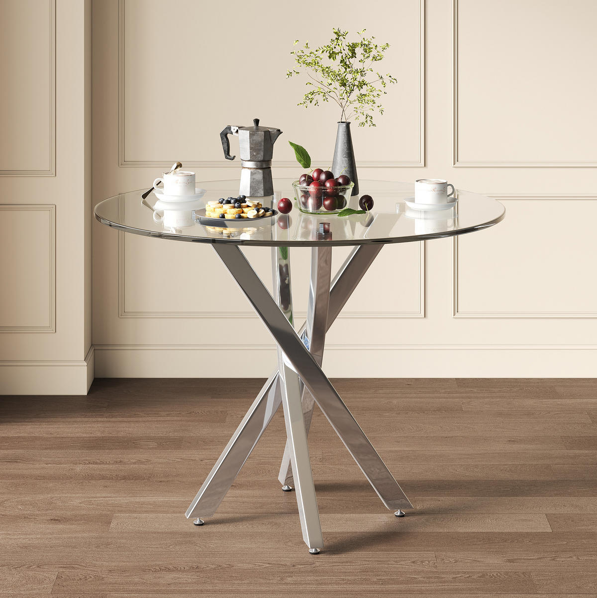 JÍDELNÍ stůl 80/80/75 cm s deskou z tvrzeného skla a křížovou kovovou podnoží, Stříbrná - stříbrná, sklo (80/80/75cm) - Redom