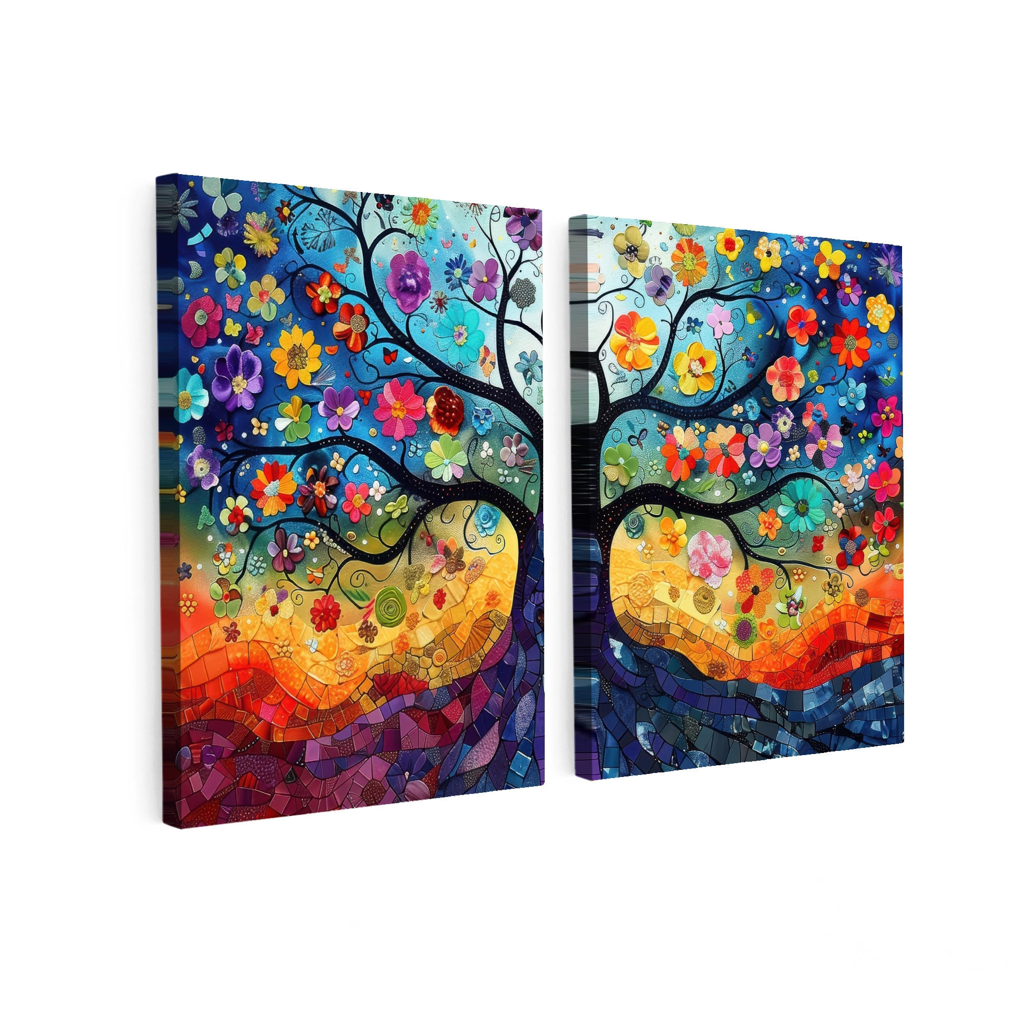OBRAZ NA PLÁTNĚ 2dílná sada Barevné - Strom života - Květiny - Abstraktní 60x40 cm - modrá, textil (60/40cm) - MuchoWow