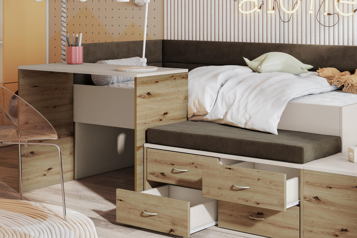 JUGENDBETT AMI 90/200 cm in Kaschmir/Eiche Artisan - Kaschmir/Eichefarben, Holzwerkstoff/Textil (90/200cm) - Deine Möbel 24