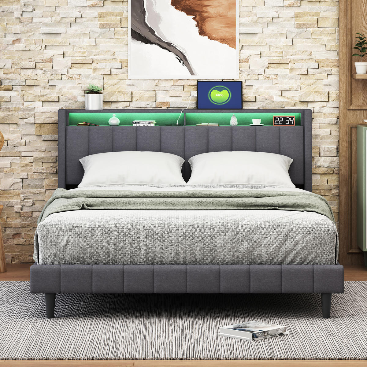 POLSTERBETT 160x200 cm, Grau, mit USB & LED - Grau, Textil/Metall (160/200cm)