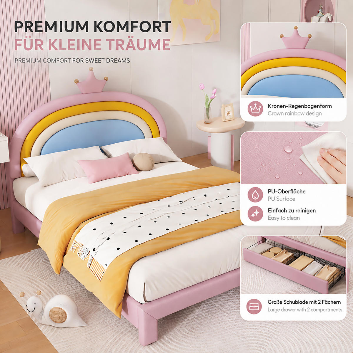 KINDER-POLSTERBETT aus PU 140x200 cm Rosa mit höhenverstellbarem Regenbogen-Kronen-Kopfteil und Schubladen - Pink, Kunststoff (140/200cm) - Modfu