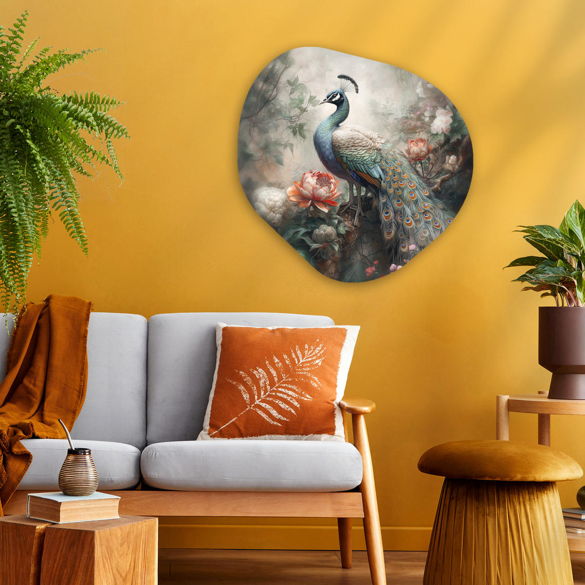 WANDBILD Pfau - Pfauenfedern - Vogel - Dschungel - Blumen 60x60 cm - Smaragdgrün, Kunststoff (60/60cm) - MuchoWow