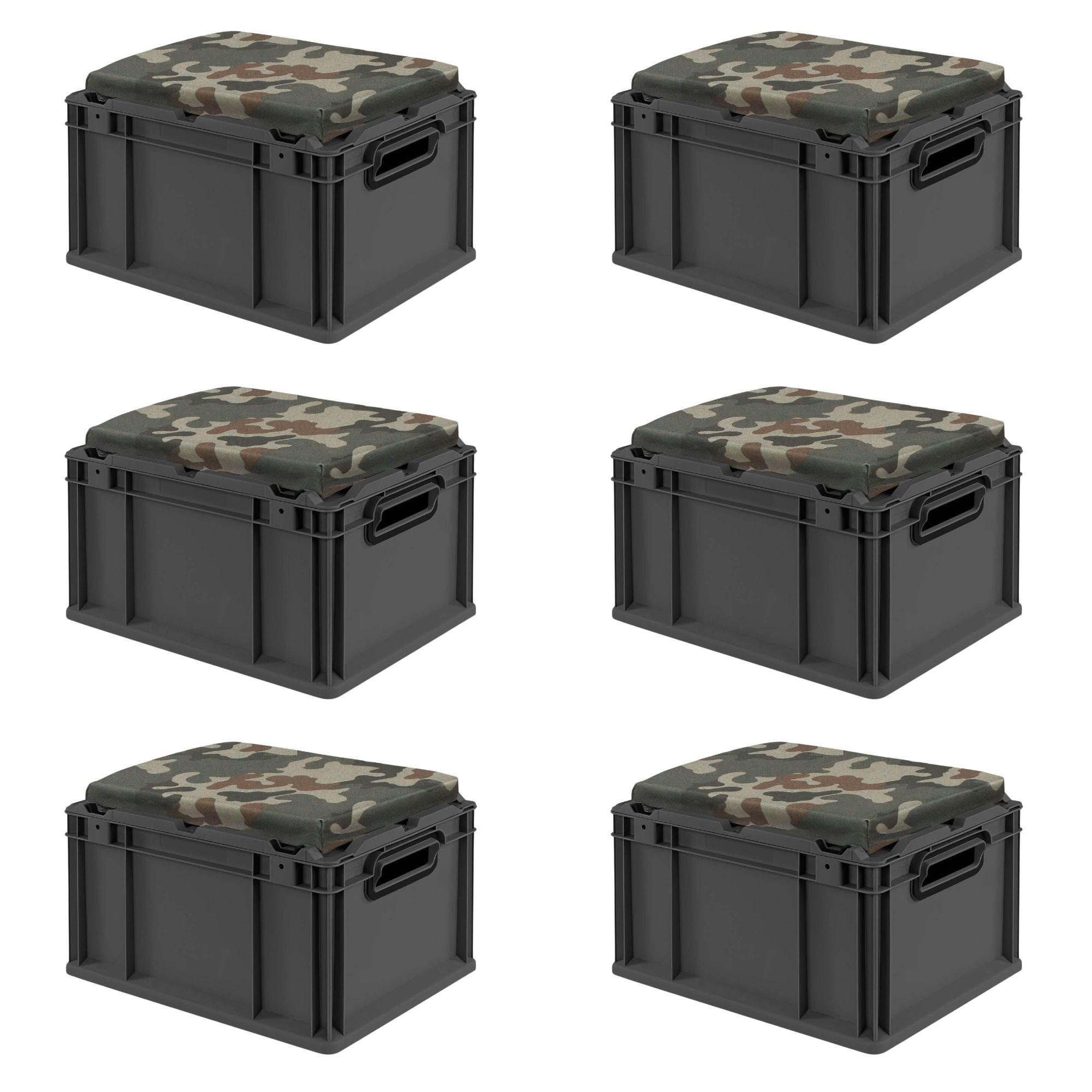 EUROBOX 6x NextGen Seat Camouflage, HxBxT 26,5x30x40cm, 20 Liter, Griffe offen, Schwarz - Schwarz, Kunststoff (30/26.5/40cm) - PROREGAL