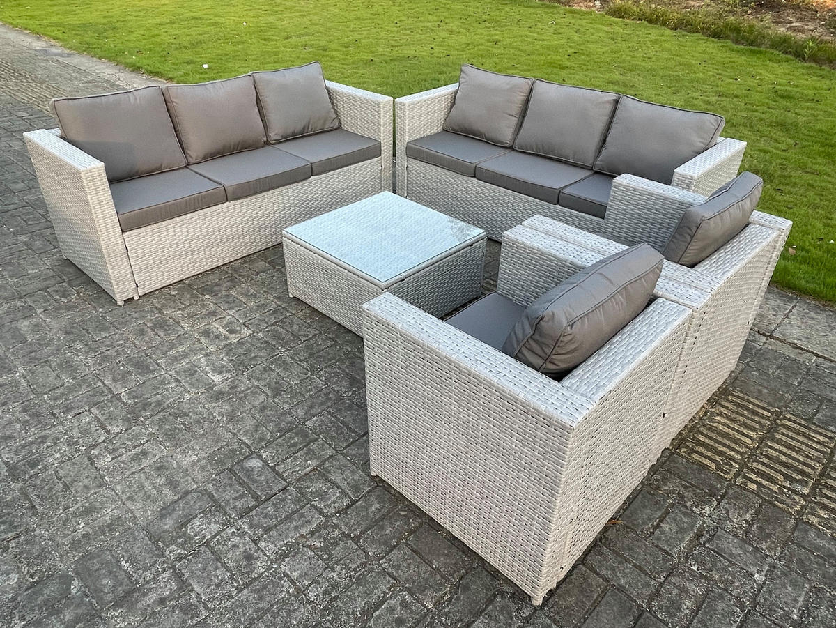 GARTENSOFA SET mit Couchtisch Polyrattan Helles Grau 8-Sitzer - Hellgrau, Metall - Fimous