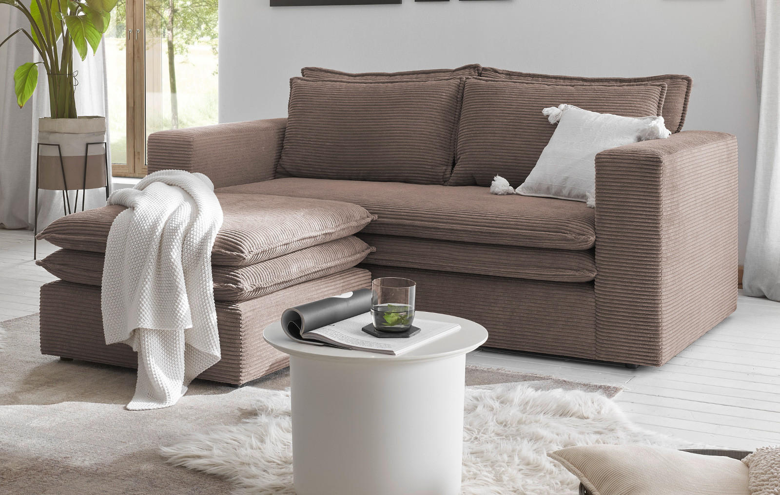 SOFA-SET braun Cord, Couch 2-Sitzer inklusive Hocker - Beige/Braun, Holz/Textil (180/83/161cm) - Furn.Design