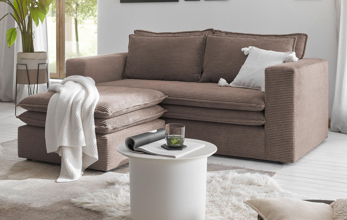 SOFA-SET braun Cord, Couch 2-Sitzer inklusive Hocker - Beige/Braun, Holz/Textil (180/83/161cm) - Furn.Design