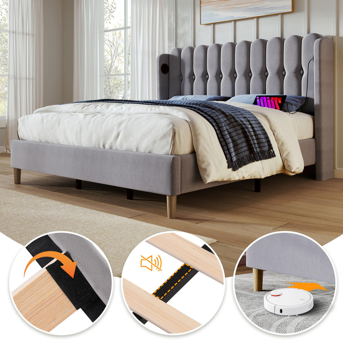POLSTERBETT 140/200 cm mit USB-C Ladefunktion und gepolstertem Kopfteil in Grau - Grau, Textil (140/200cm) - BEAOK