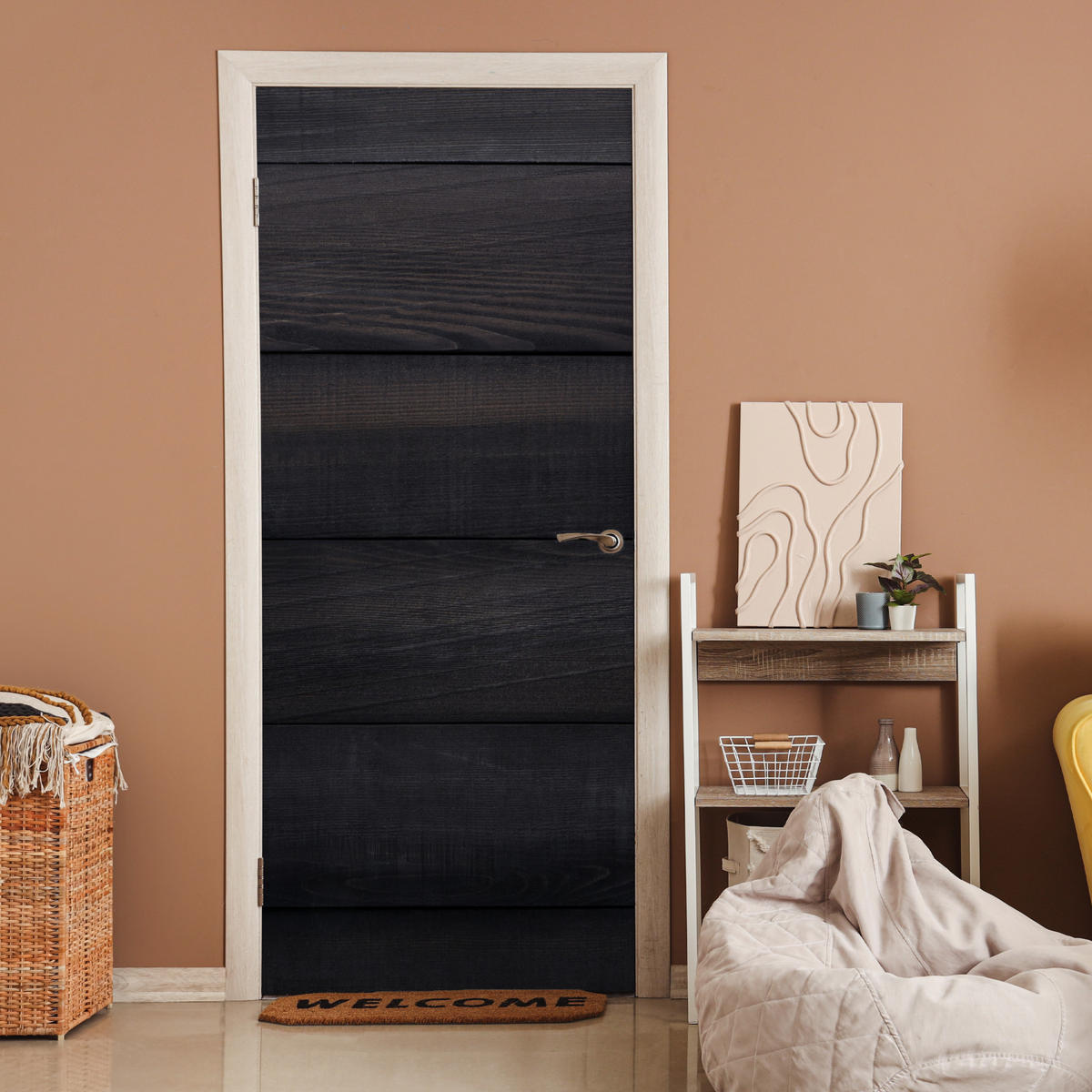 TÜRAUFKLEBER Selbstklebend - Schwarzer Hintergrund mit einer Plankenstruktur 95x215 cm - Türtapete - Schwarz, Kunststoff (95/0.1cm) - MuchoWow