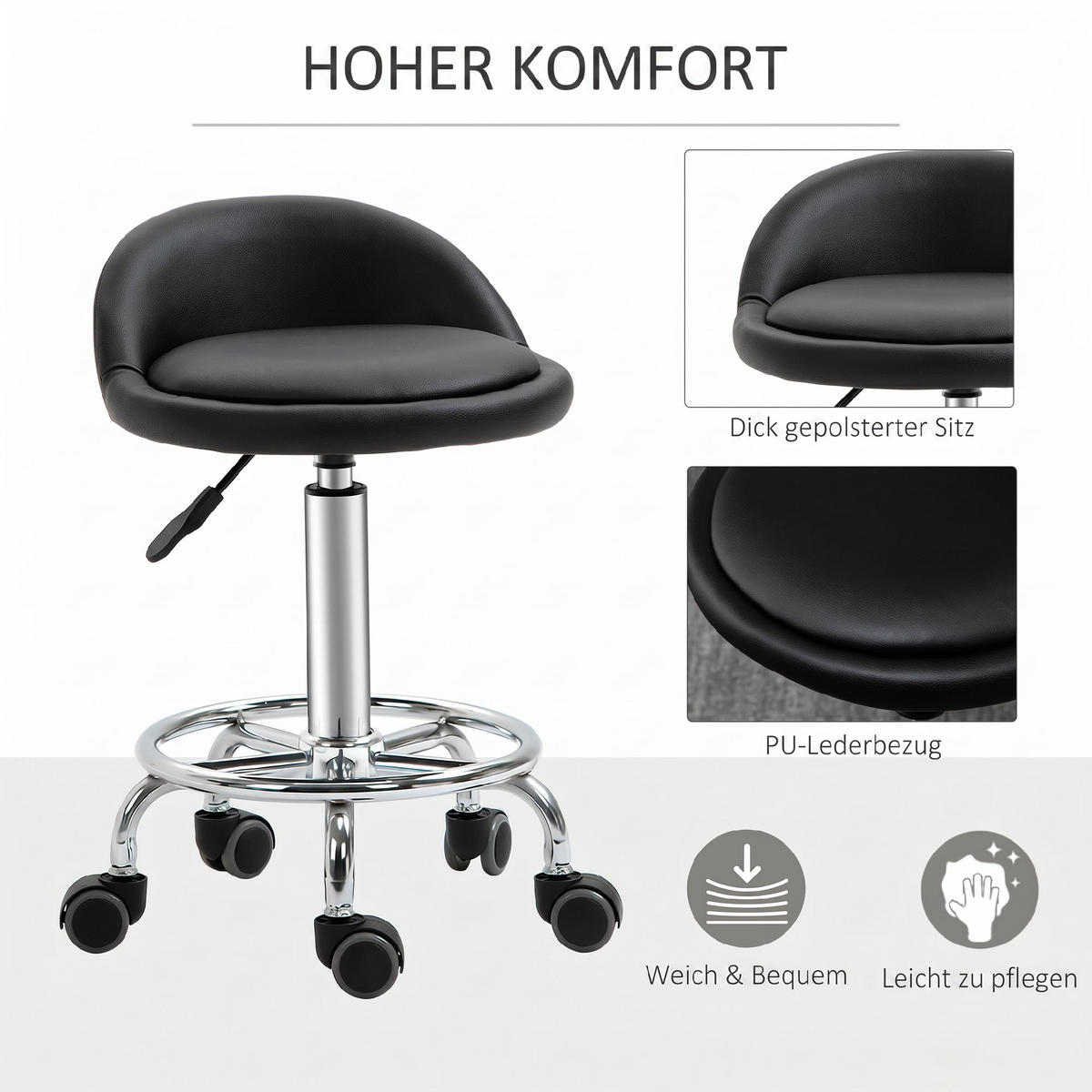 ROLLHOCKER 2er Set Kunstleder Schwarz - Schwarz, Textil (38/72/38cm) - HOMCOM