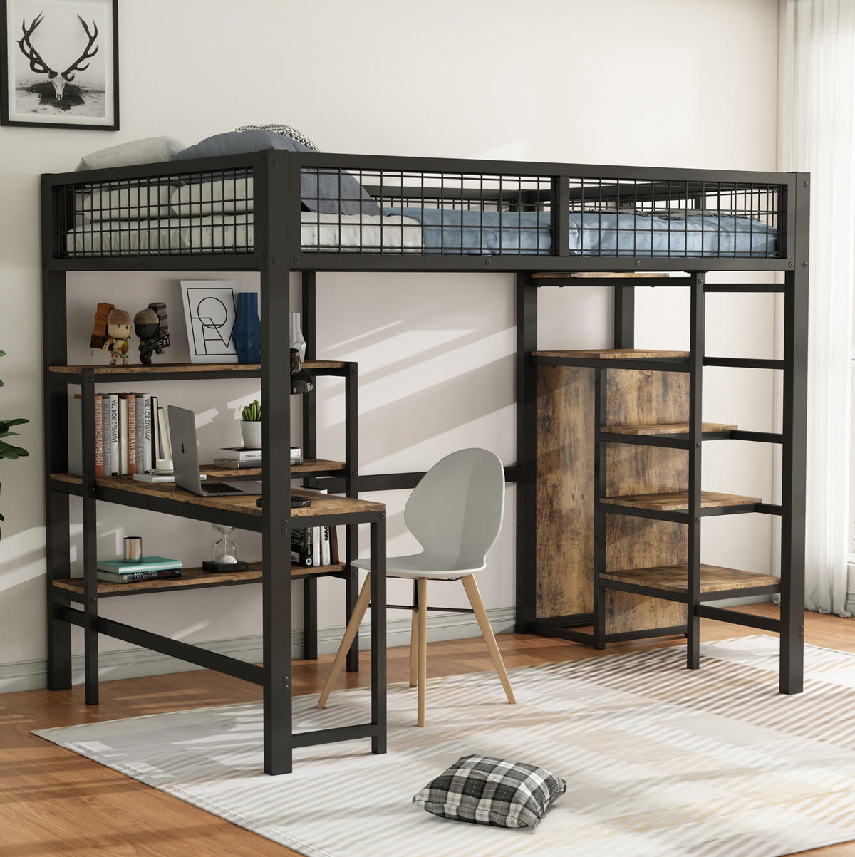 HOCHBETT 140/200 cm Schwarz mit Schreibtisch und Stauraum - Schwarz, Metall (140/200cm) - MIVRAY