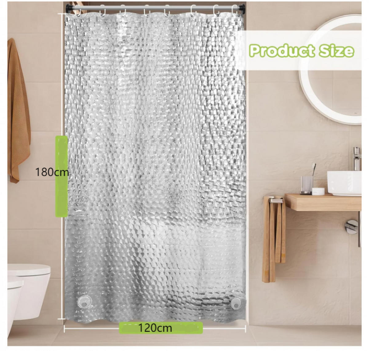 DUSCHVORHANG EVA transluzent wasserdicht waschbar mit Ringen ideal Badezimmer - Transparent, Kunststoff (120/180cm) - MCBOSON