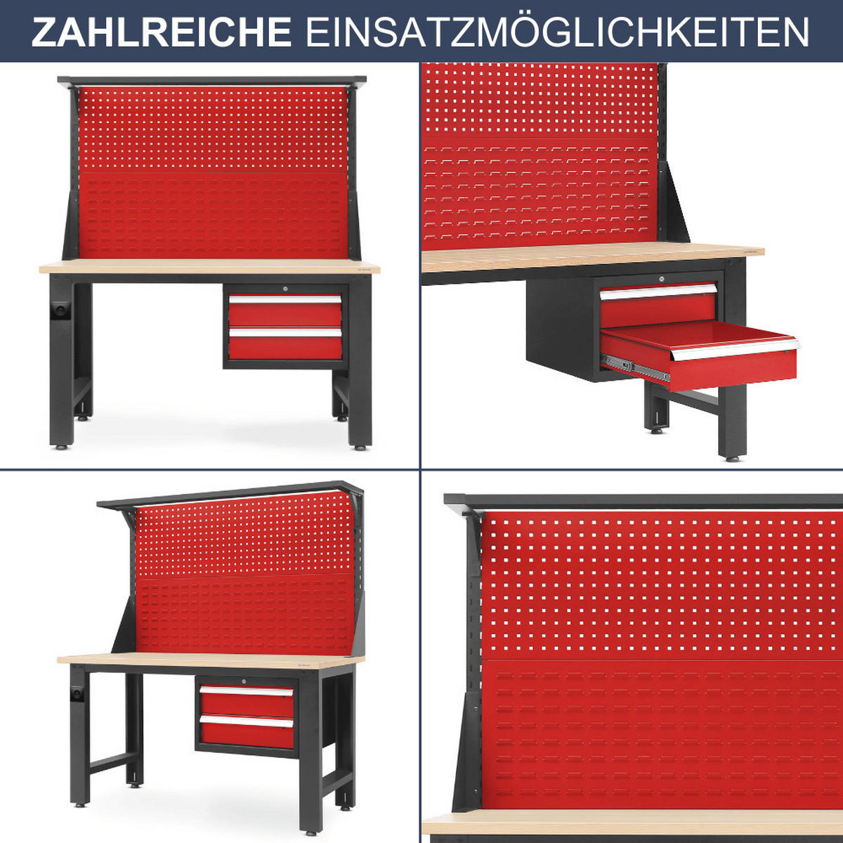 WERKBANK Werkstatt LOGAN 170x150x75cm Anthrazit-Rot Platte Braun - Anthrazit, Metall (150/170/75cm) - Jan Nowak