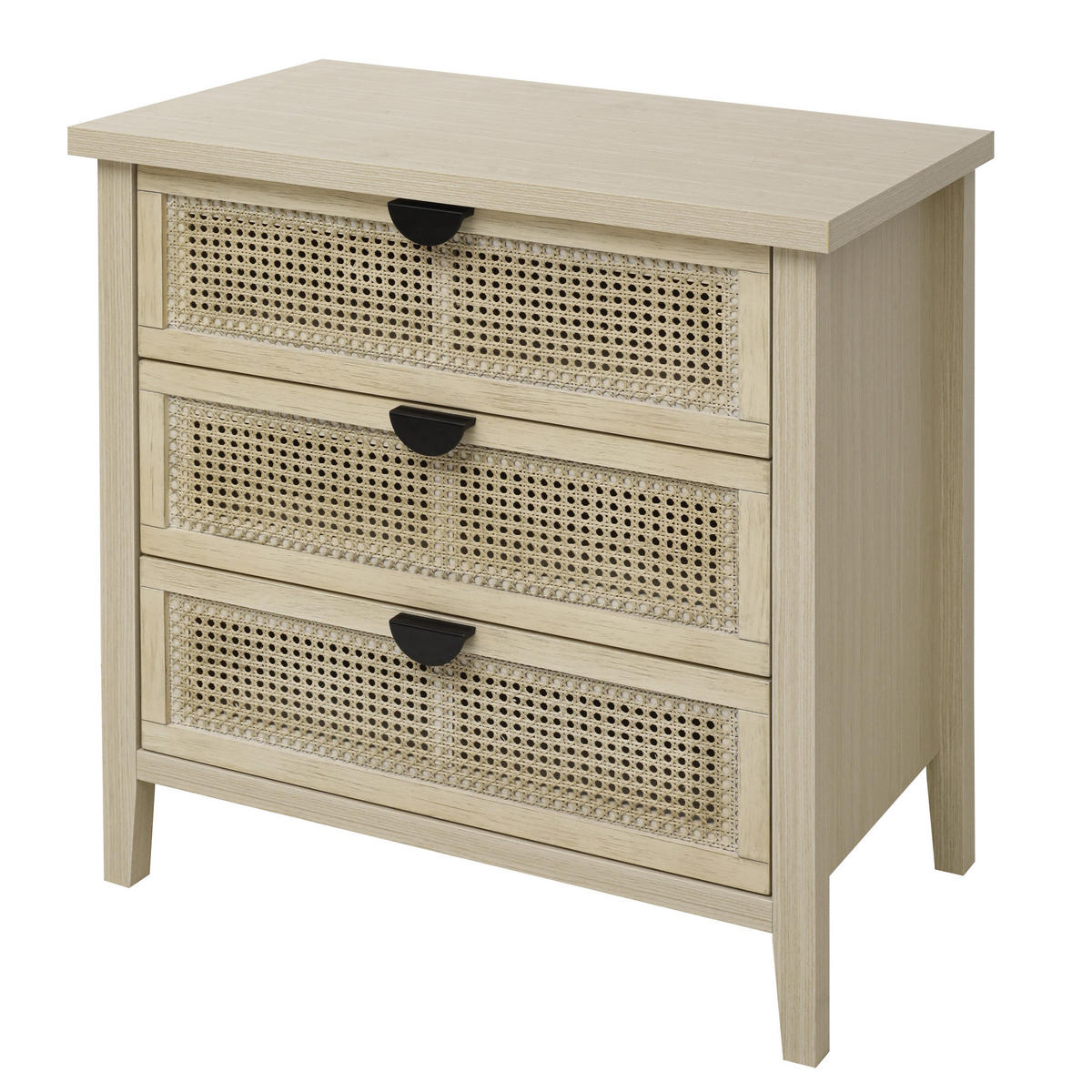 KOMMODE mit 3 Schubladen, Naturholzoptik & Rattan Fronten - Beige, Holzwerkstoff (80/80/40cm) - Urban Meuble