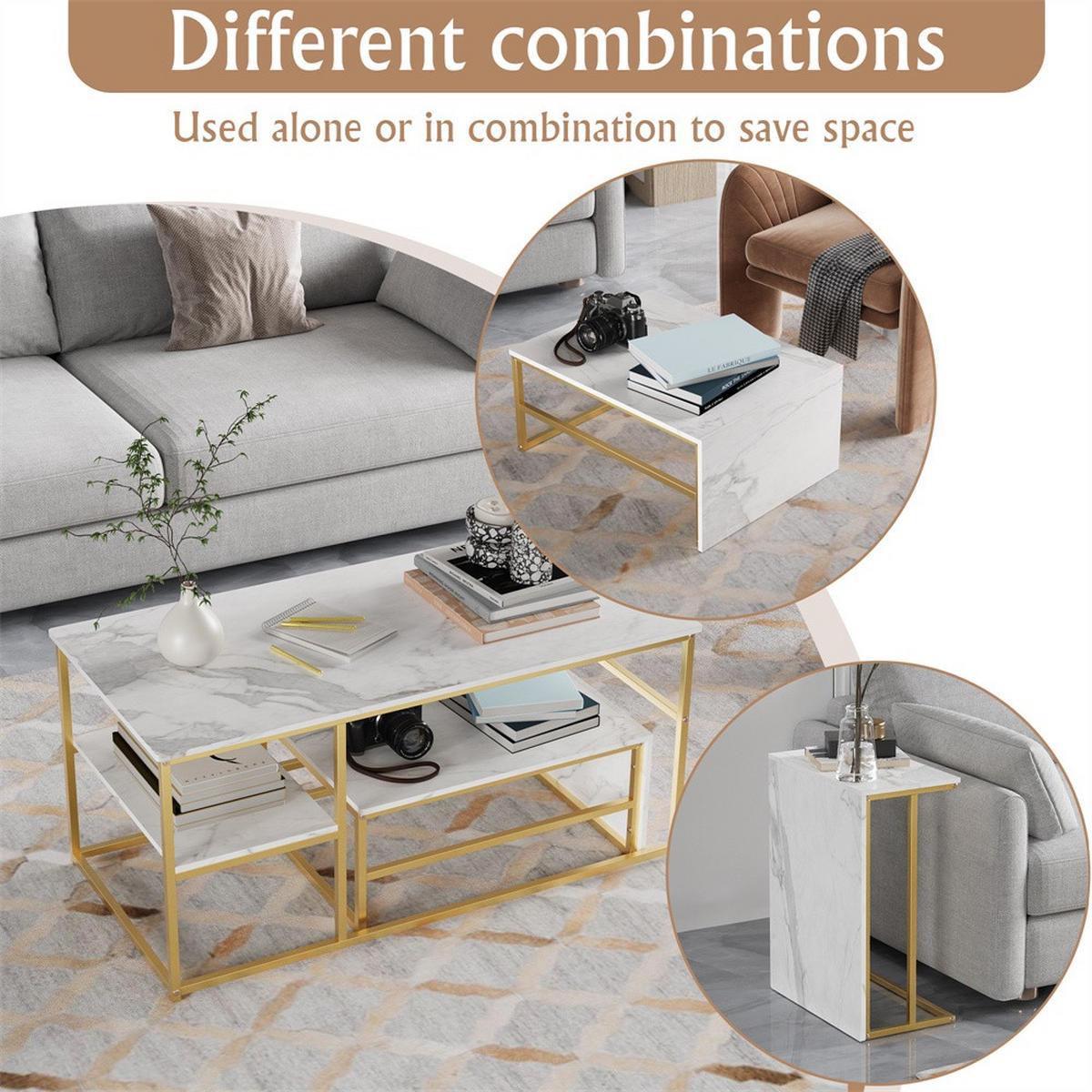 COUCHTISCH - Rechteckiger Couchtisch in Marmoroptik mit Metallgestell - Weiß und Gold - Goldfarben, Holzwerkstoff (52/105/48.5cm) - DELFA
