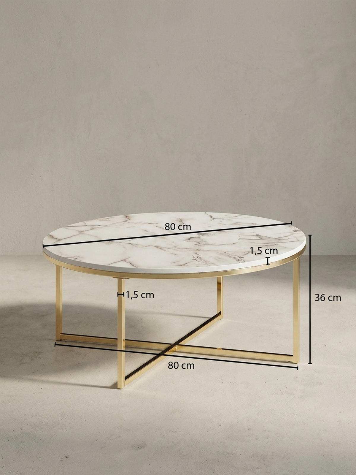 COUCHTISCH mit Marmor-Optik und Hochglanz-Finish, rund, Weiß 80x80x35 cm - Goldfarben/Weiß, Holz/Metall (80/80/35cm) - KADIMA DESIGN