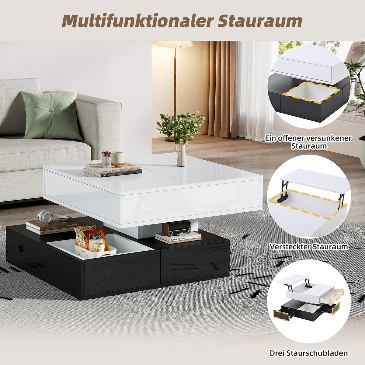 COUCHTISCH 70x70x40 cm Weiß Schwarz Drehbar 3 Schubladen Lift - Multicolor, Holzwerkstoff (70/70/40cm)