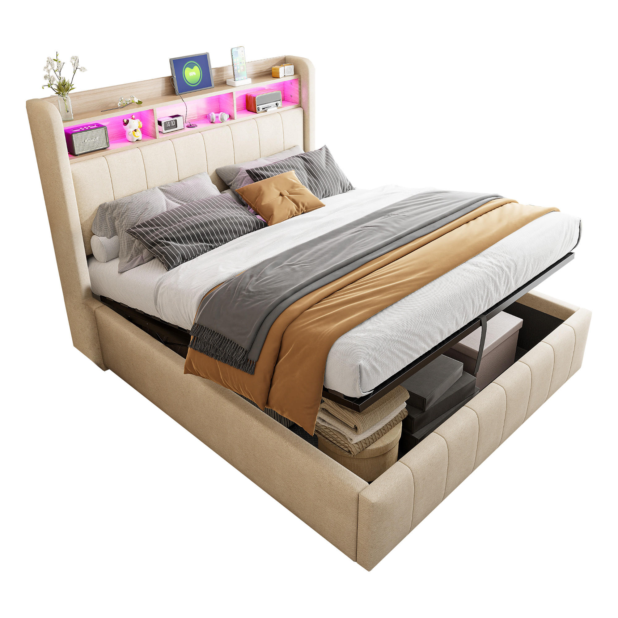 POLSTERBETT 140/200 cm Beige mit LED-Beleuchtung und hydraulischem Stauraum - Beige, Textil (140/200cm) - OKWISH