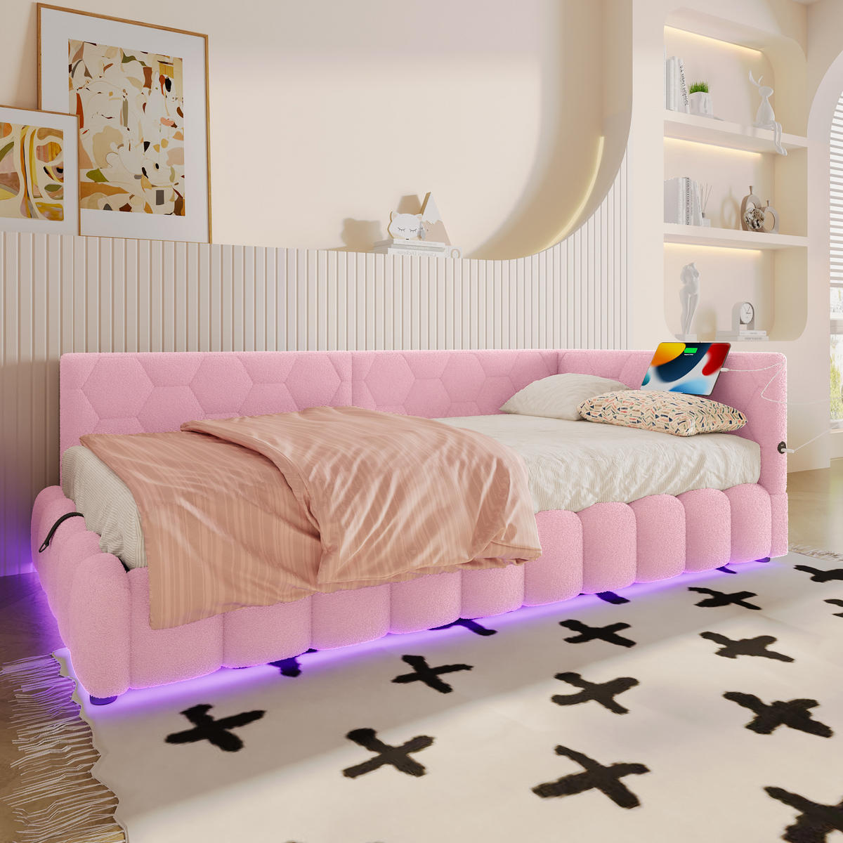 TAGEBETT 90x200cm Rosa Vliesimitat LED-Licht Hydraulik USB-C - Pink, Holz (90/200cm) - FLIEKS