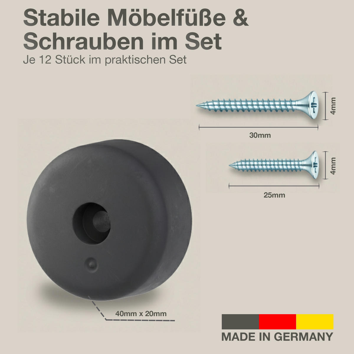 KLIZAČI ZA NAMJEŠTAJ 40/20 mm 12 komada uklj. vijke od 25 mm i 30 mm - crna, plastika (4/4cm) - K-Möbel