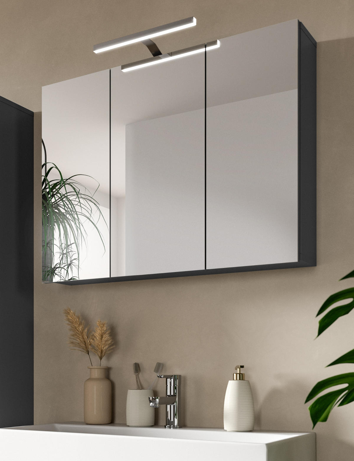 SPIEGELSCHRANK grau 80 cm, Badschrank 3-türig mit Soft-Close - Grau, Glas/Holzwerkstoff (80/60/15cm) - Inn.Furn