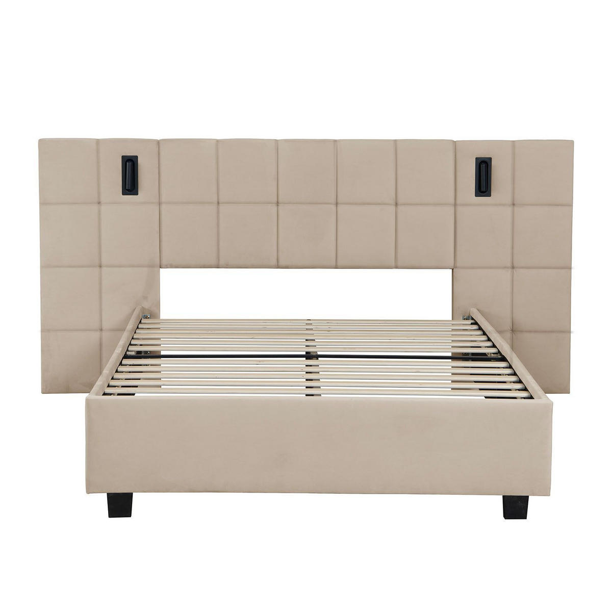 POLSTERBETT Luzano Beige Samt mit Leselicht und Matratze - Beige, Holz (140/200cm) - Juskys