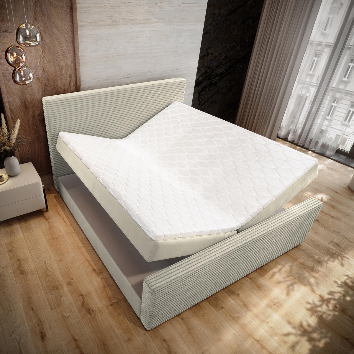 BOXBETT ALORIA 160x200 cm mit Matratze und Topper - Creme - Creme, Holz (160/200cm) - MASSENO