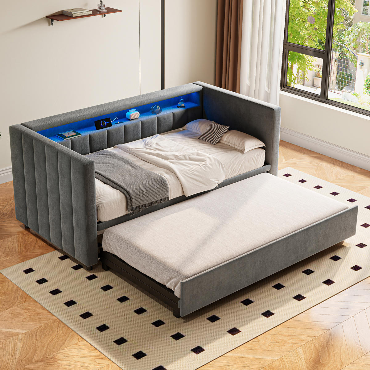 AUSZIEHBETT 90/180×190 cm aus Samt in Dunkelgrau mit LED und USB-Anschlüssen - Dunkelgrau, Textil (80/200cm) - Flora Grace