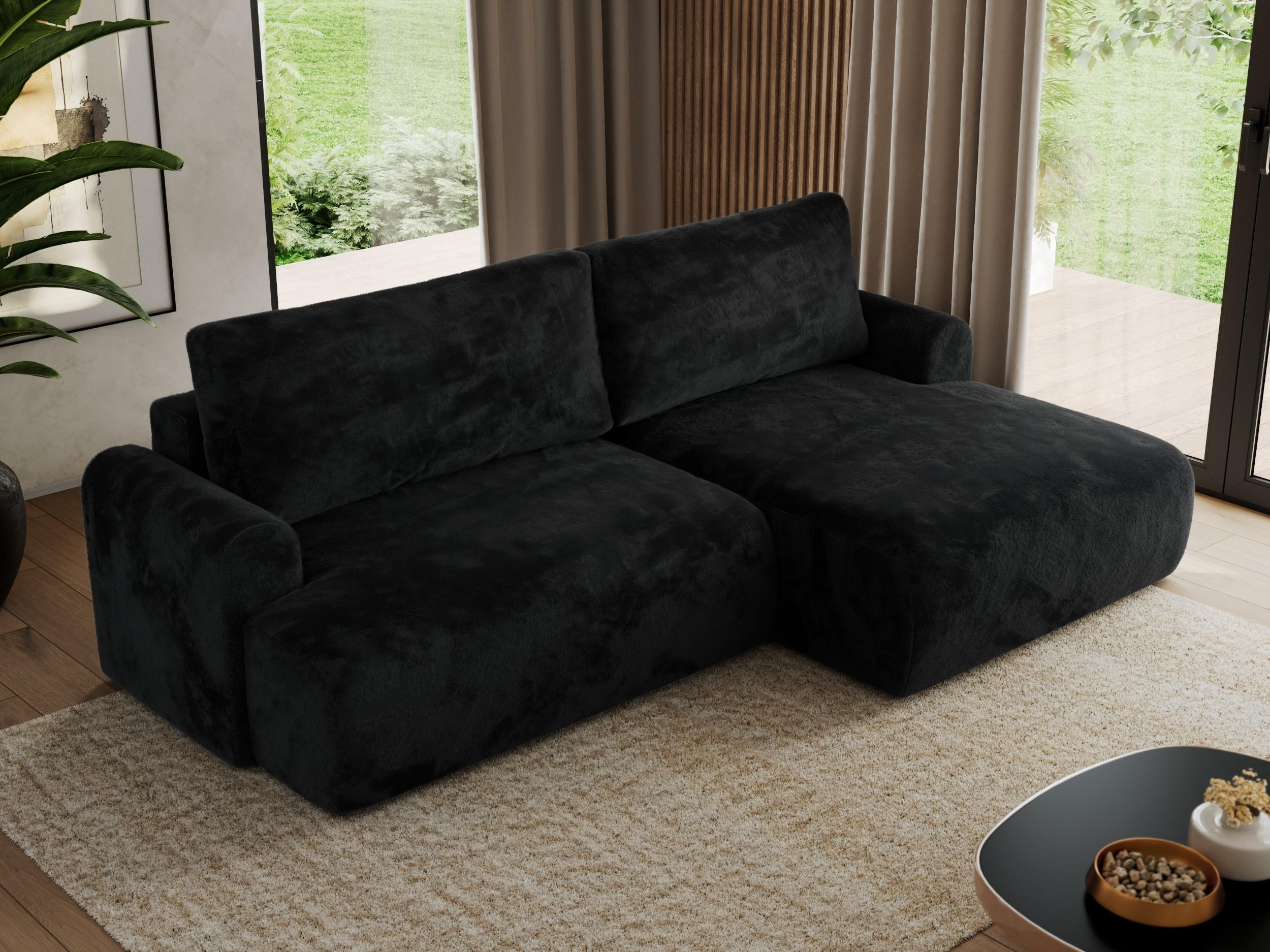 ECKSCHLAFSOFA TONO L Schwarz Plüsch - rechts - Schwarz, Kunststoff/Textil (150/260cm) - MKS