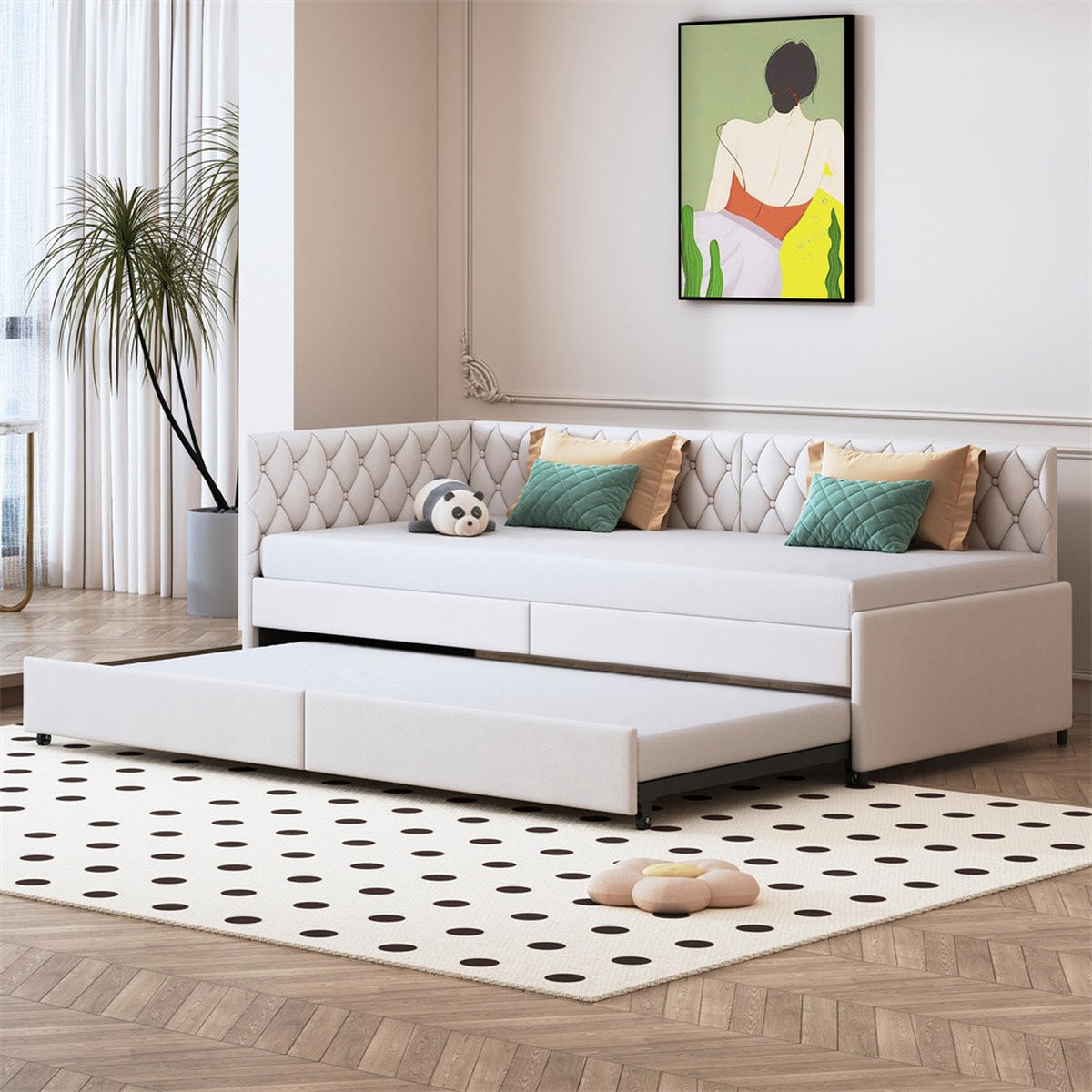 POLSTERBETT 90x200 cm mit Ausziehbares Bettgestell - Kopfteil im Nieten-Design - ohne Matratze - Samtstoff - Beige - Beige, Textil (90/200cm) - DELFA