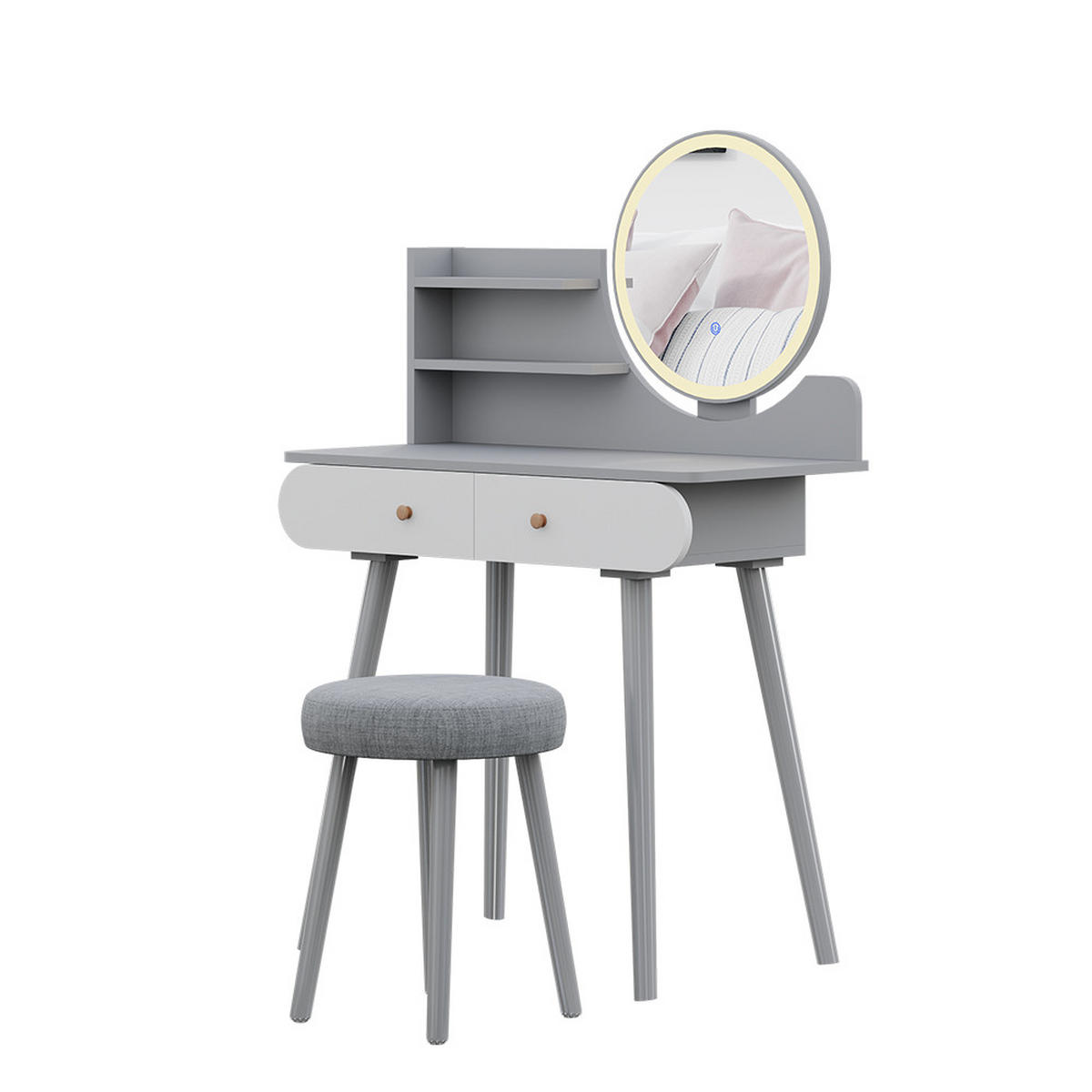 SCHMINKTISCH Edda Grau 80 cm mit LED Beleuchtung und Hocker - Grau, Holzwerkstoff (80/121/40cm) - Vicco